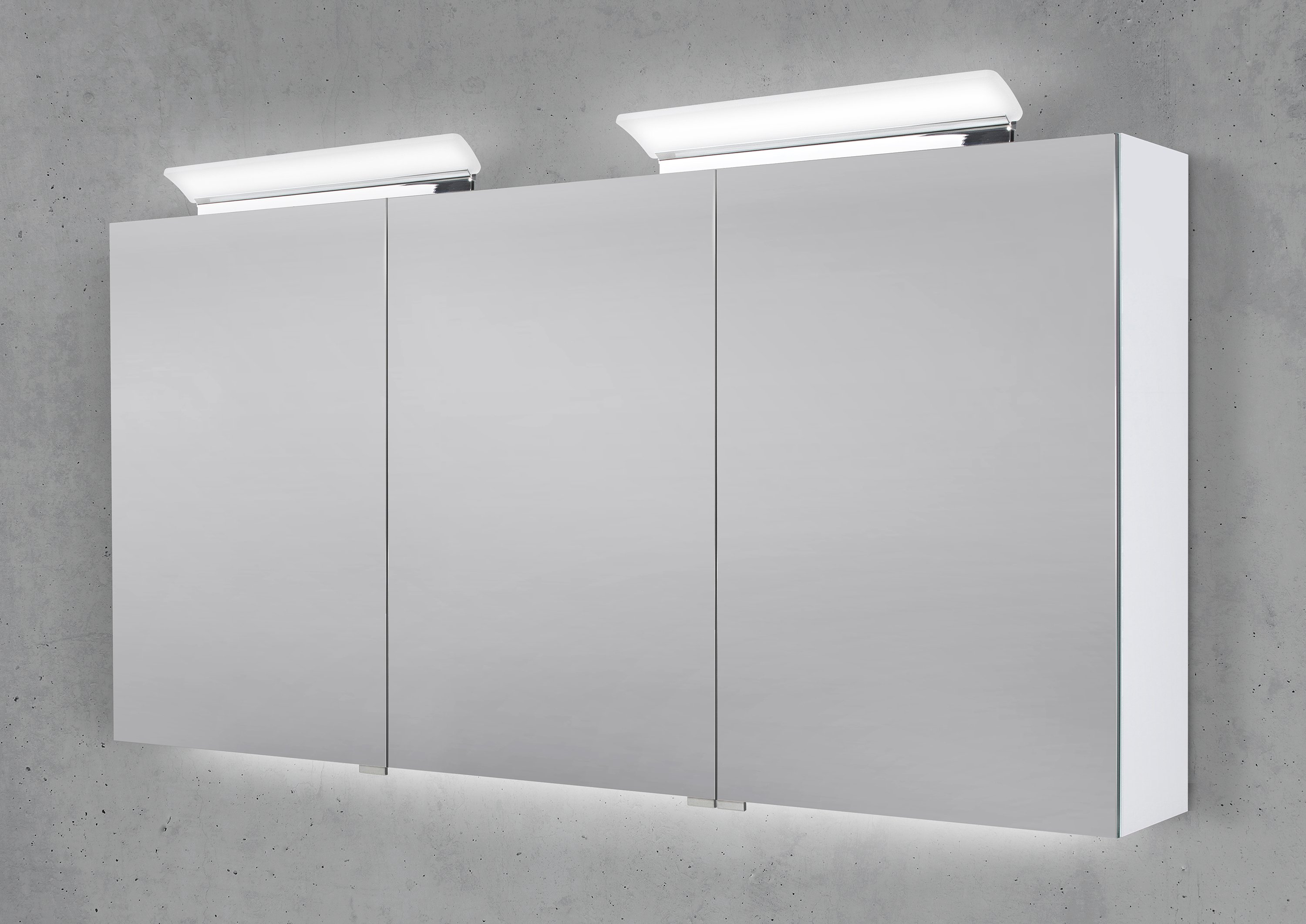 Spiegelschrank 150 cm 2x LED Acryl Aufsatzleuchte doppelseitig verspiegelt
