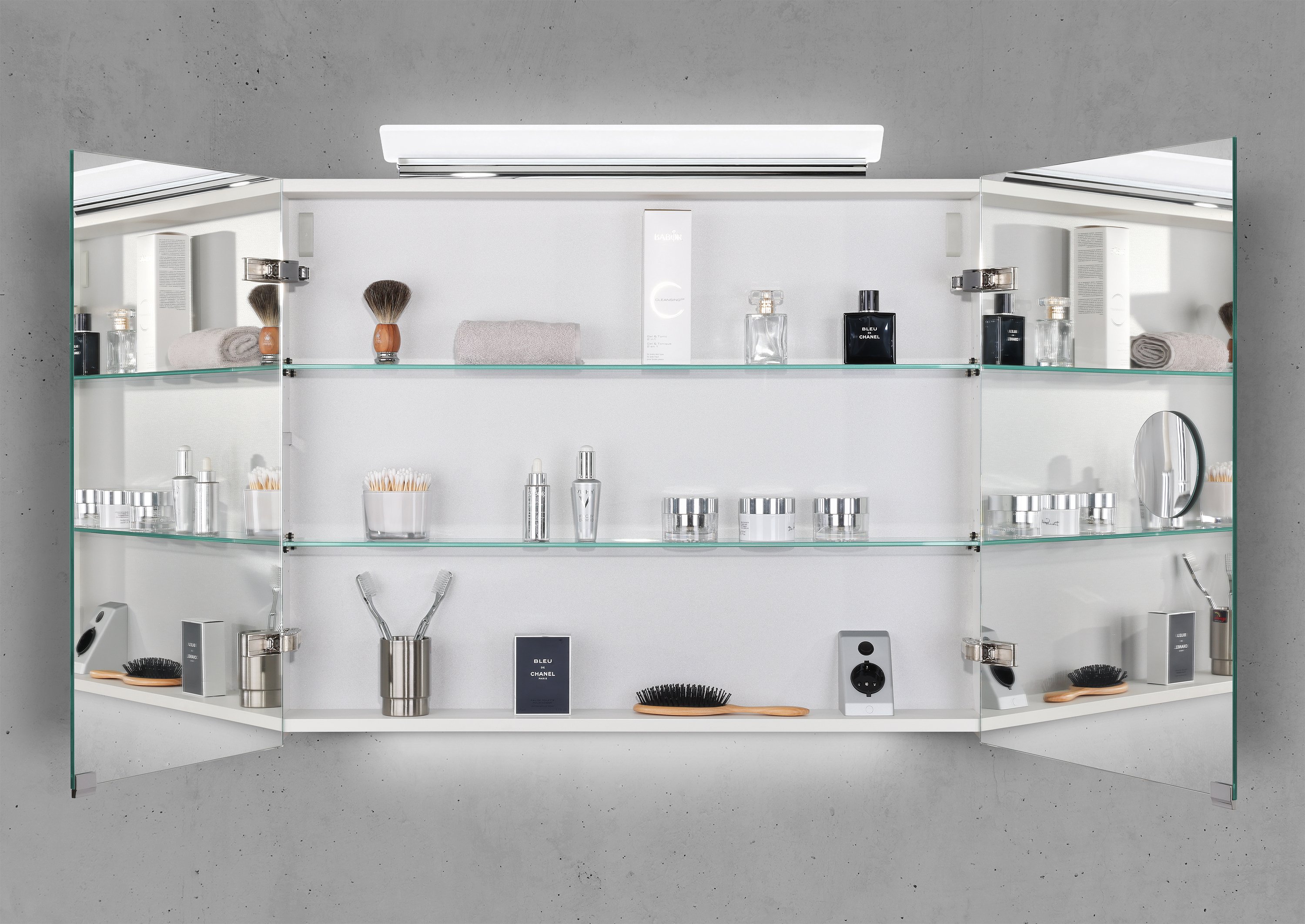 Spiegelschrank 90 cm LED Acryl Aufsatzleuchte doppelseitig verspiegelt