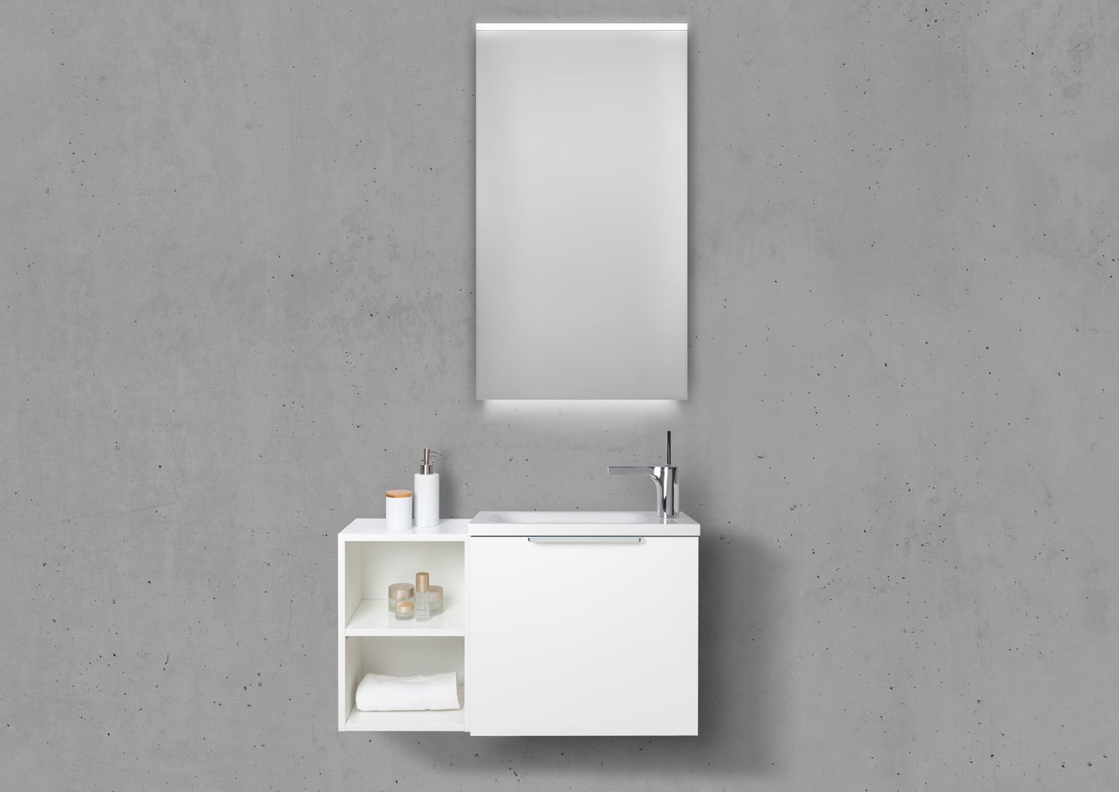 Gäste Badmöbel Set Rimini, mit LED Lichtspiegel und Seitenelement