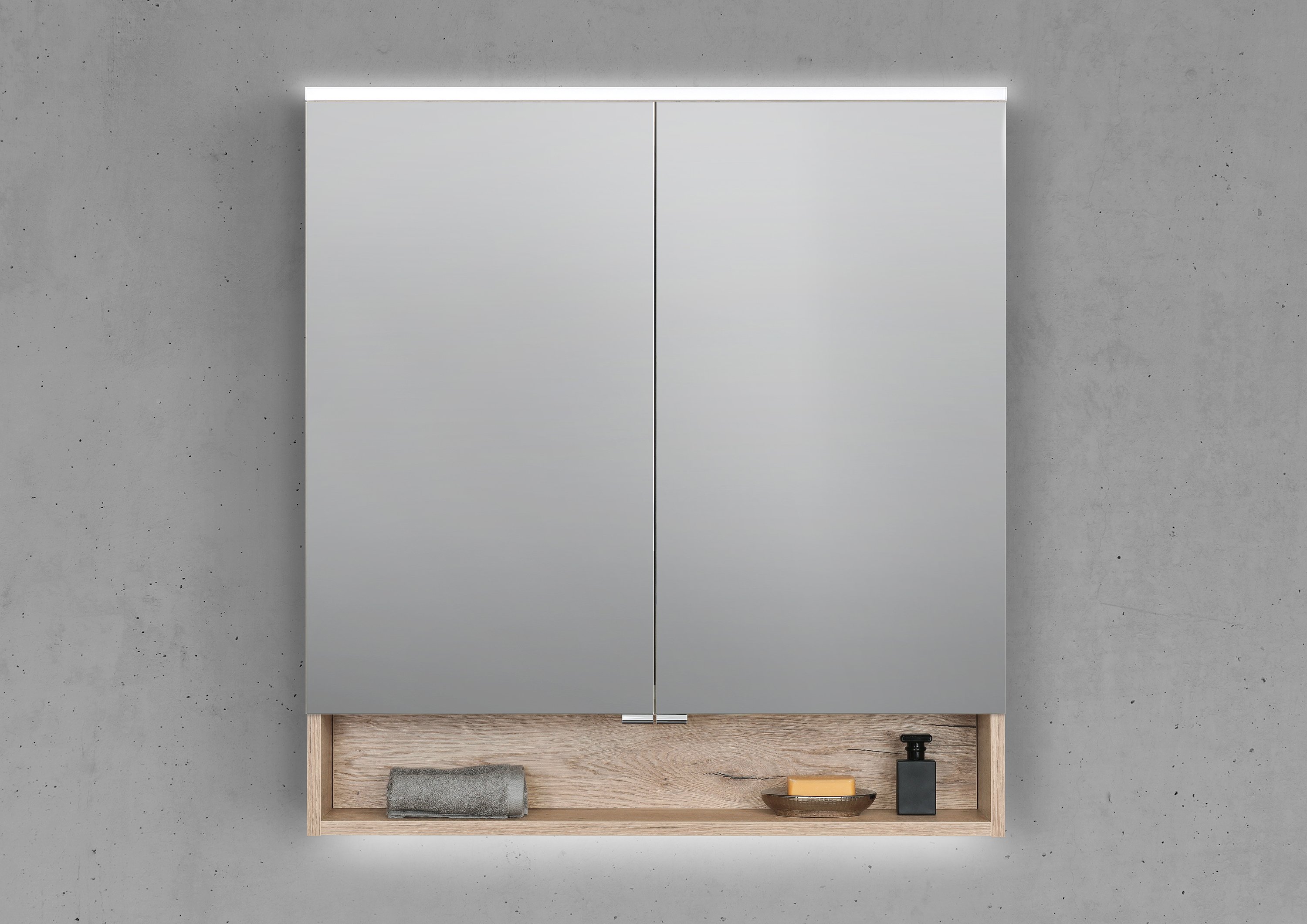 Spiegelschrank 80 cm mit offenem Fach integrierte MULTI Light LED Beleuchtung Doppelspiegeltüren