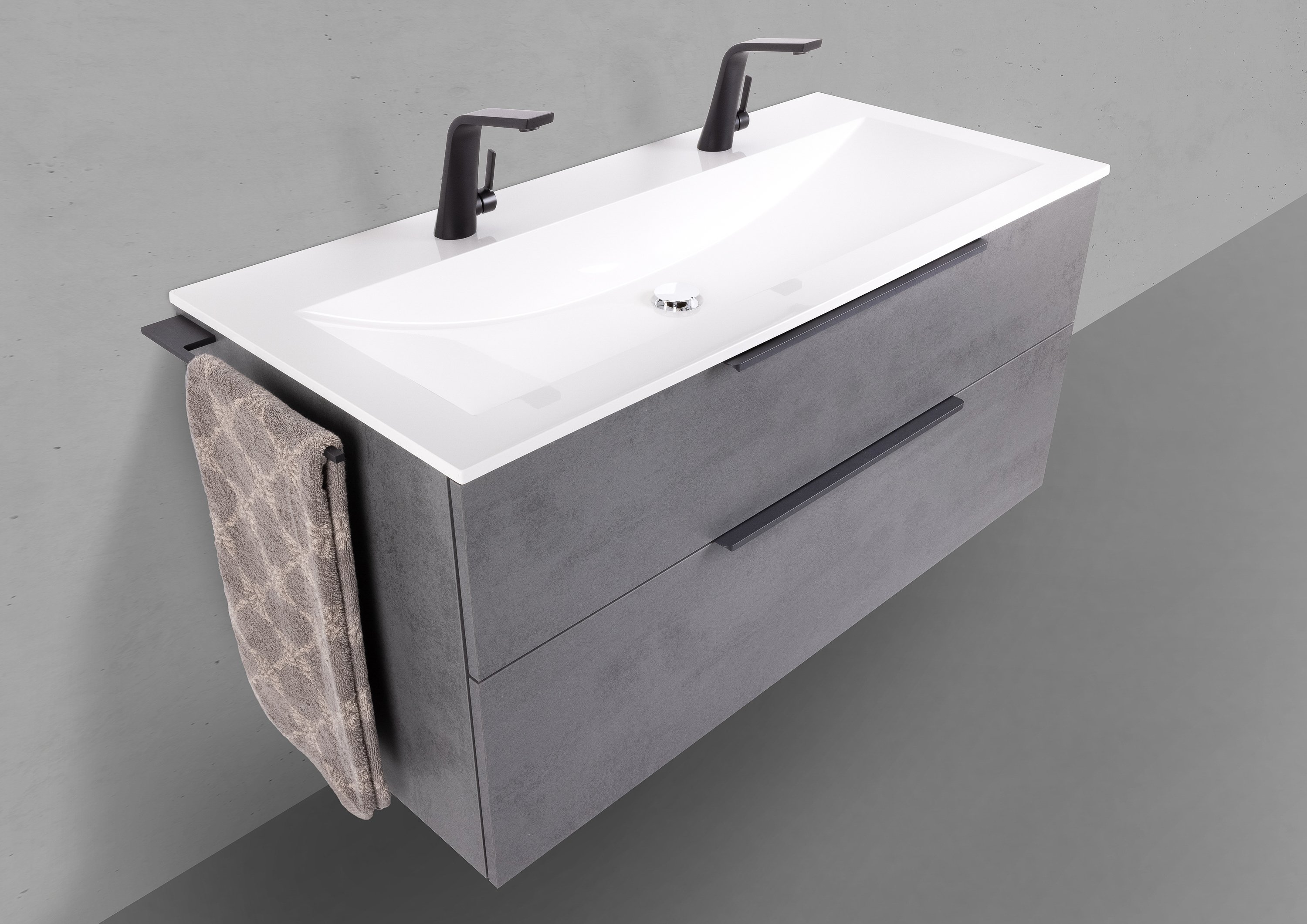Design Badmöbel Set Valenta 120 cm, Unterschrank + Doppelwaschtisch Evermite