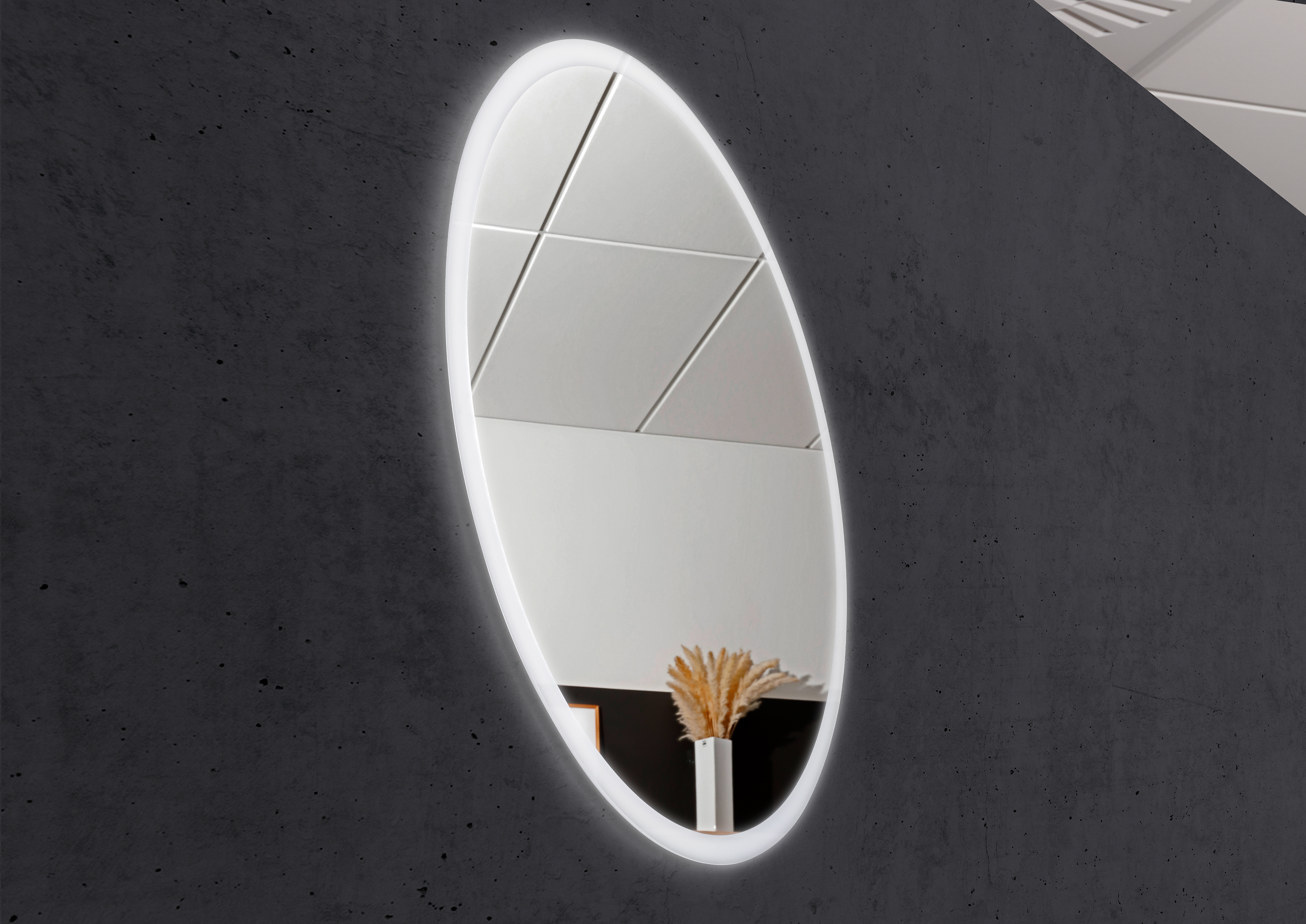 Saphir - Badmöbelset 90 cm mit Glaswaschtisch, griffloser Unterschrank und Lichtspiegel