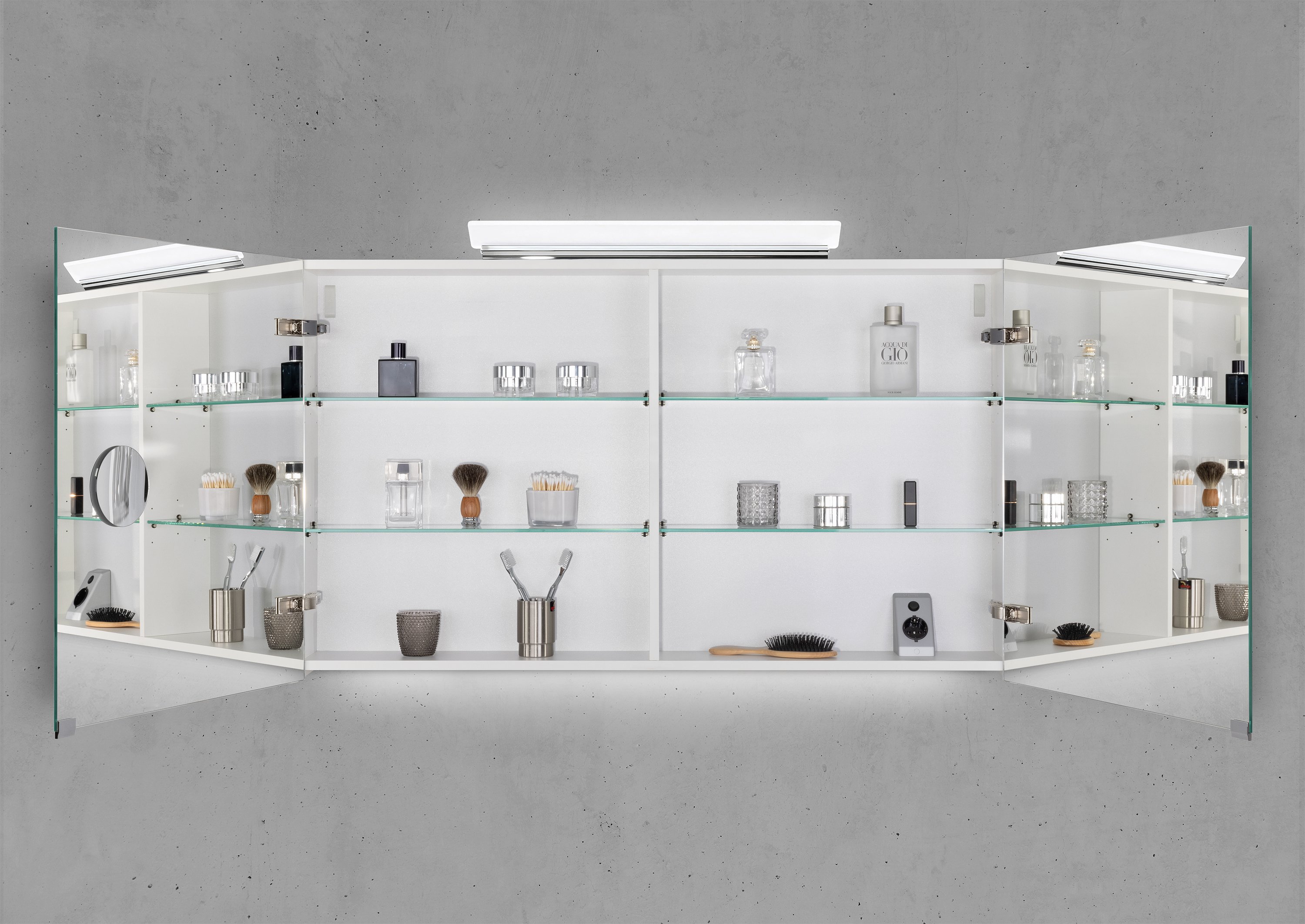 Spiegelschrank 120 cm LED Acryl Aufsatzleuchte doppelseitig verspiegelt