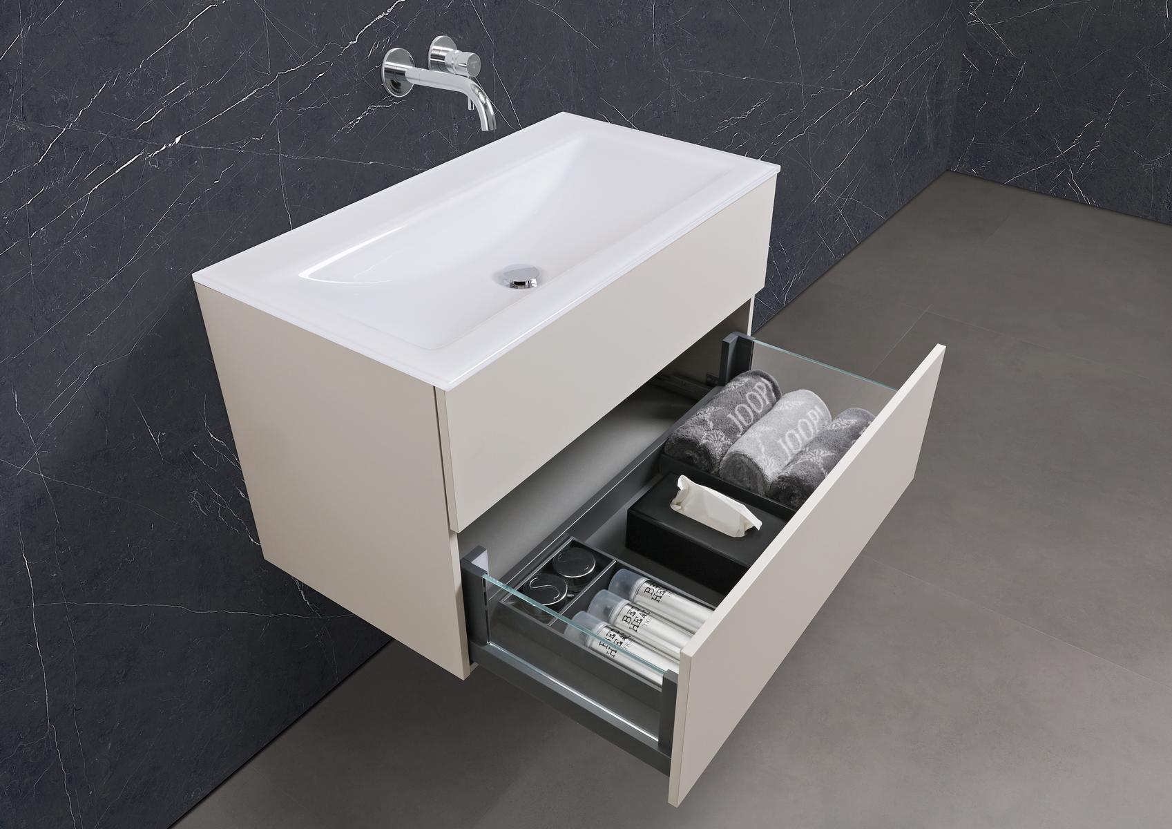 Saphir - Badmöbelset 90 cm mit Glaswaschbecken und grifflosem Unterschrank