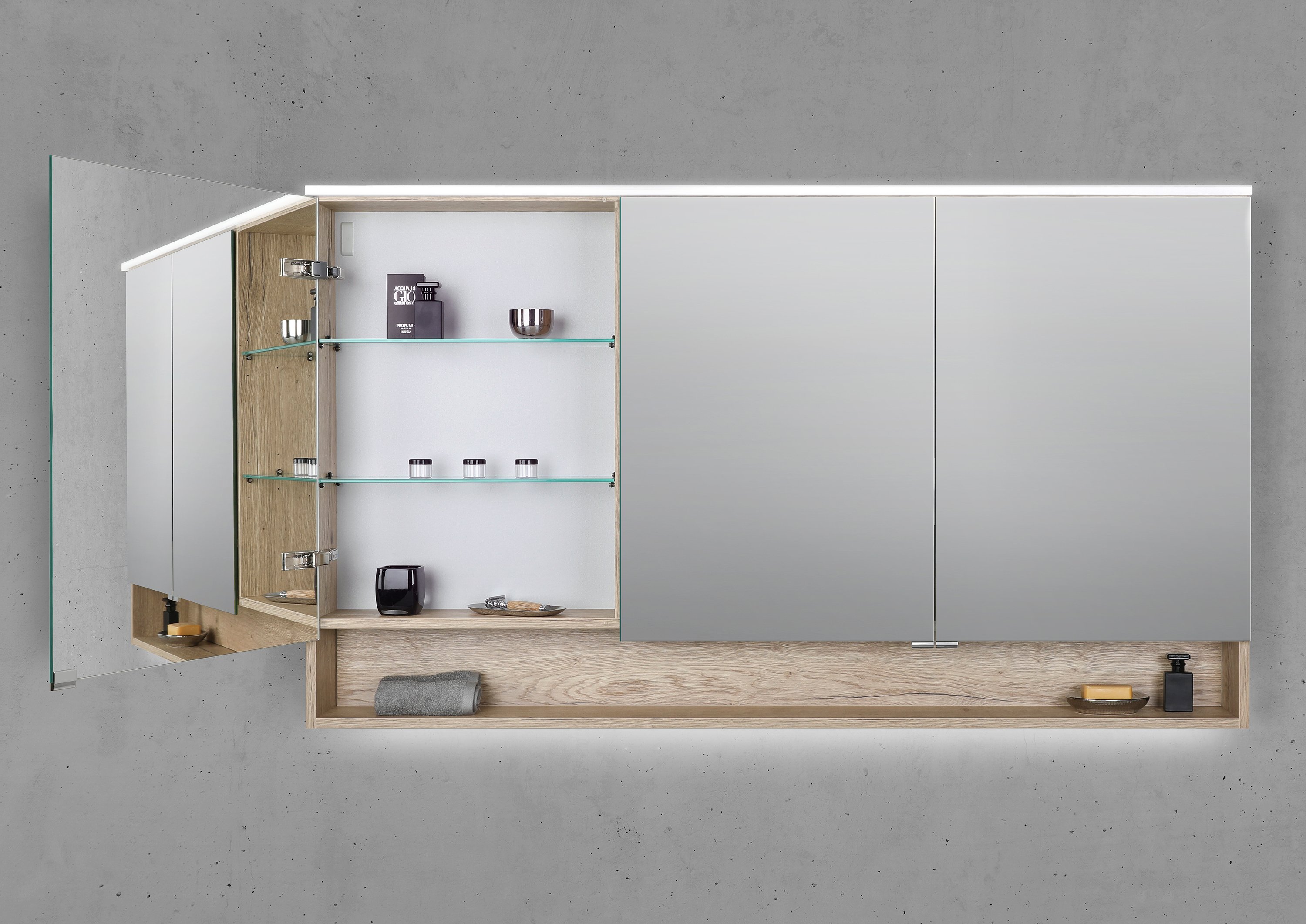 Spiegelschrank 150 cm mit offenem Fach MULTI Light LED Beleuchtung Doppelspiegeltüren