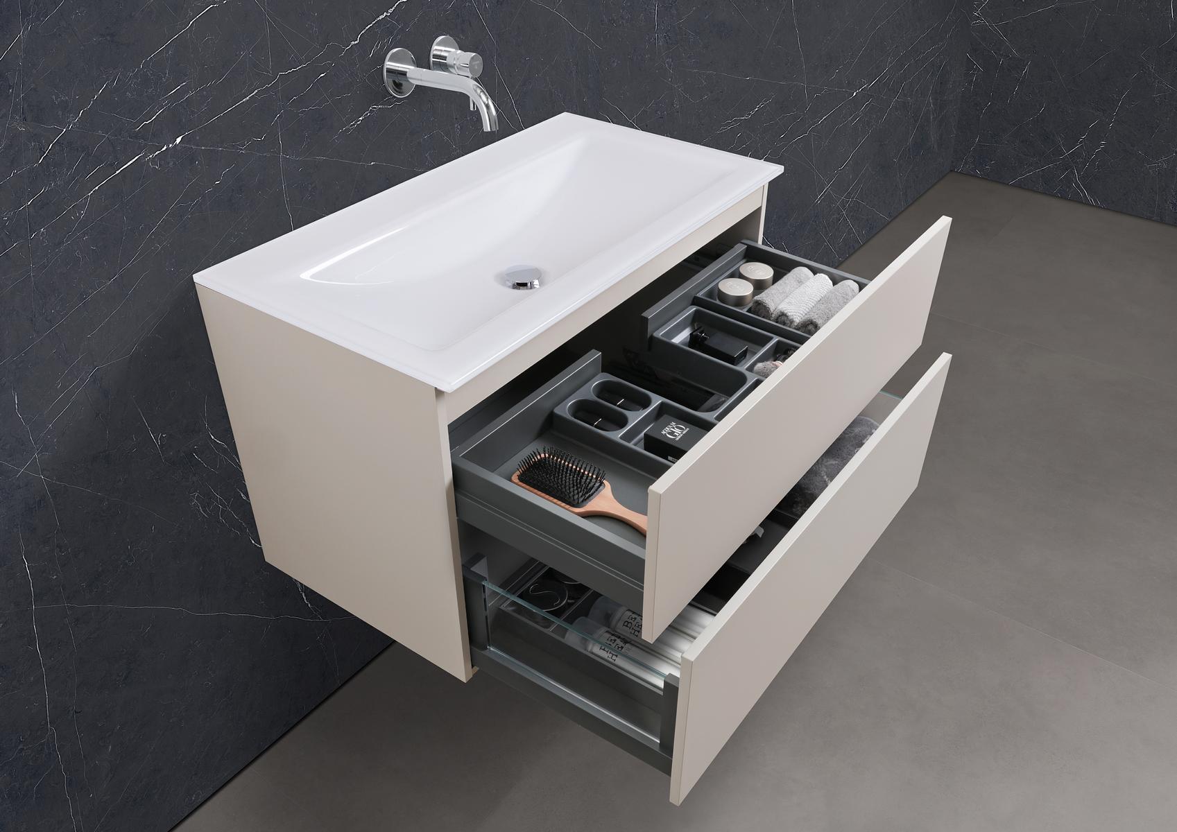 Saphir - Badmöbelset 90 cm mit Glaswaschbecken und grifflosem Unterschrank