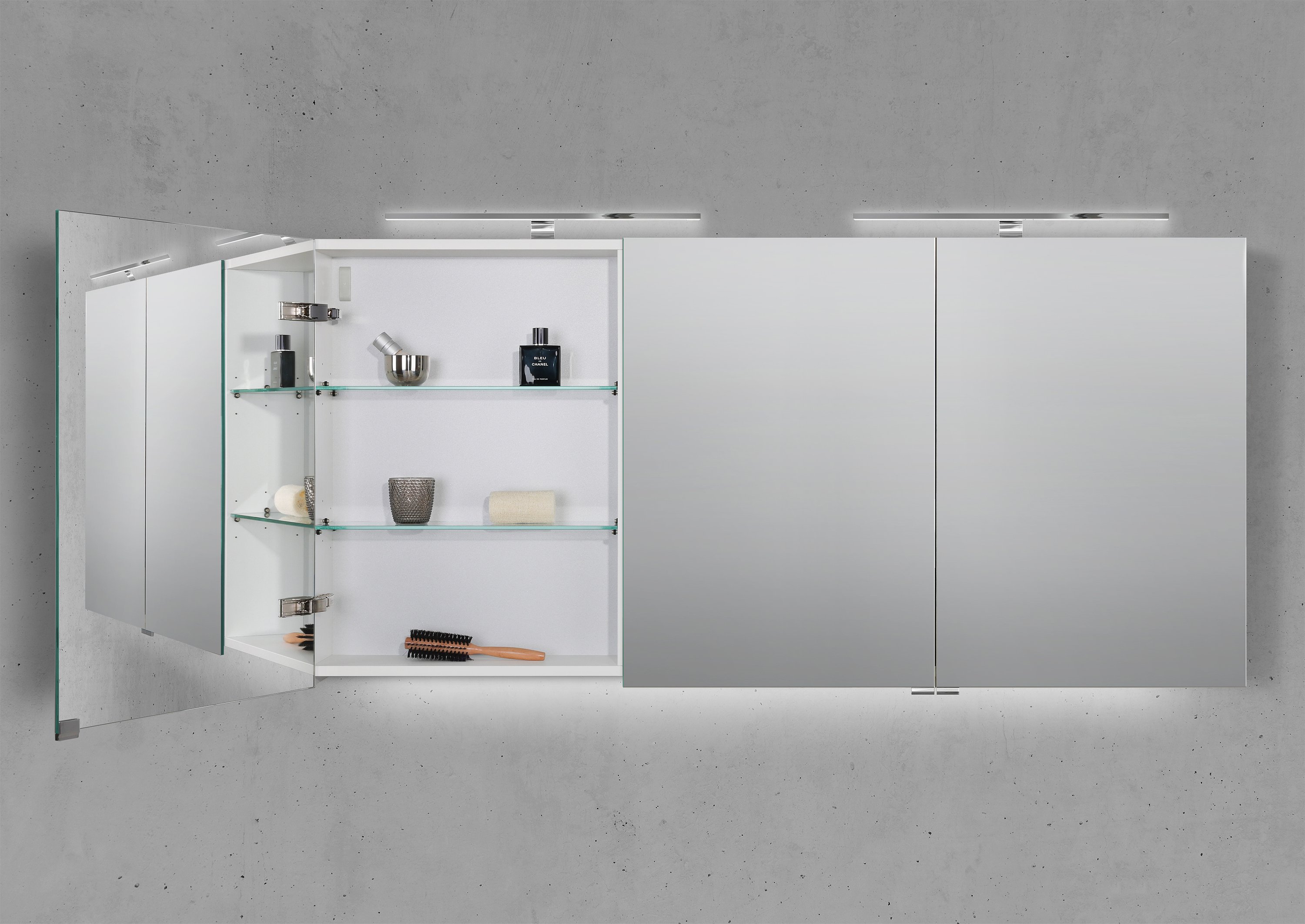 Spiegelschrank 150 cm mit 2x MULTI Light LED Chrom Beleuchtung Doppelspiegeltüren