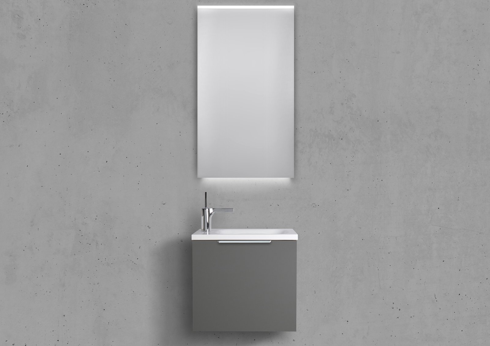 Design Gäste Waschtisch Badmöbel Rimini, Lichtspiegel LED, Grau HG Lack