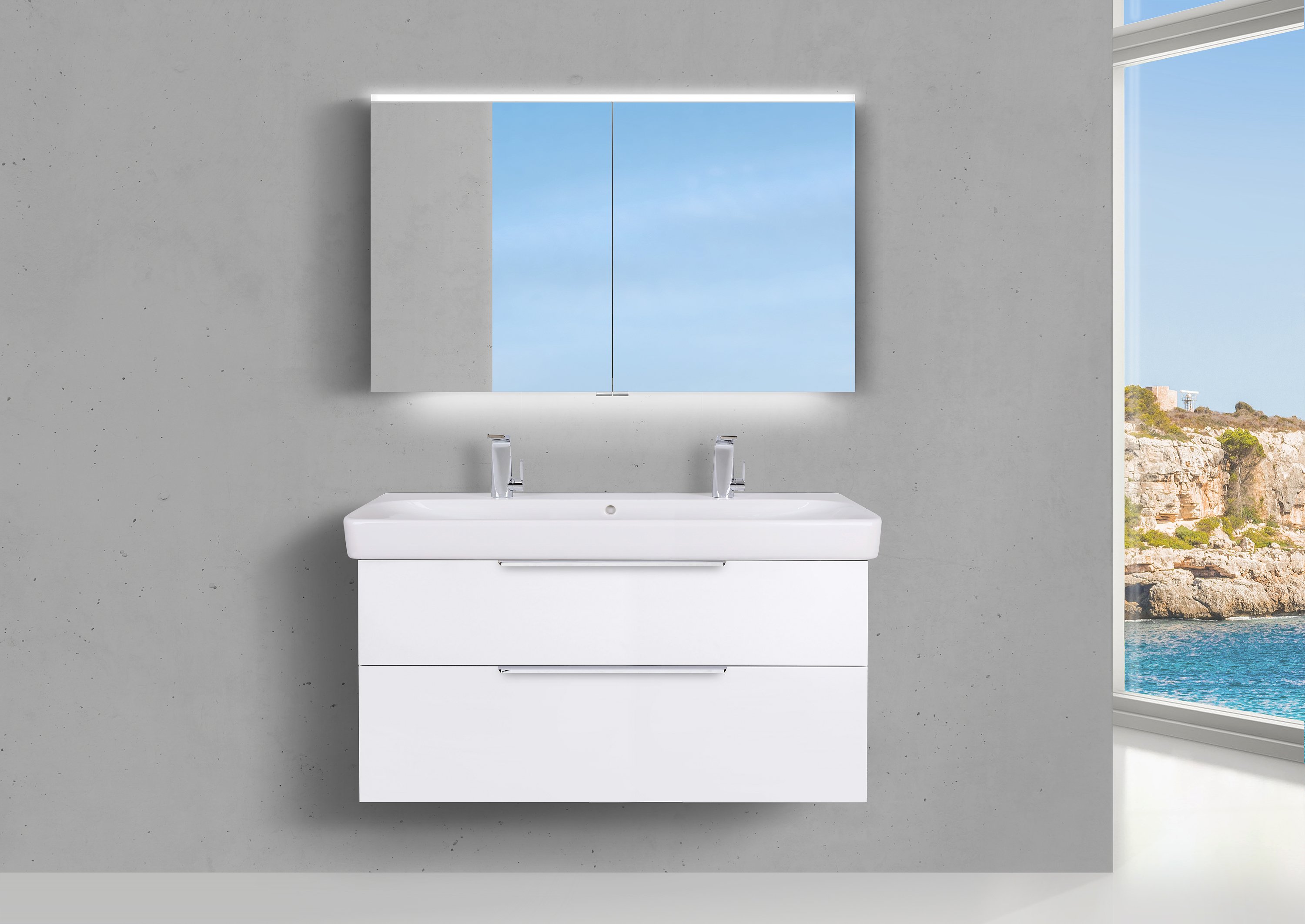 Badmöbel Set mit Geberit Smyle Square Waschtisch 120 cm, Unterschrank und Spiegelschrank