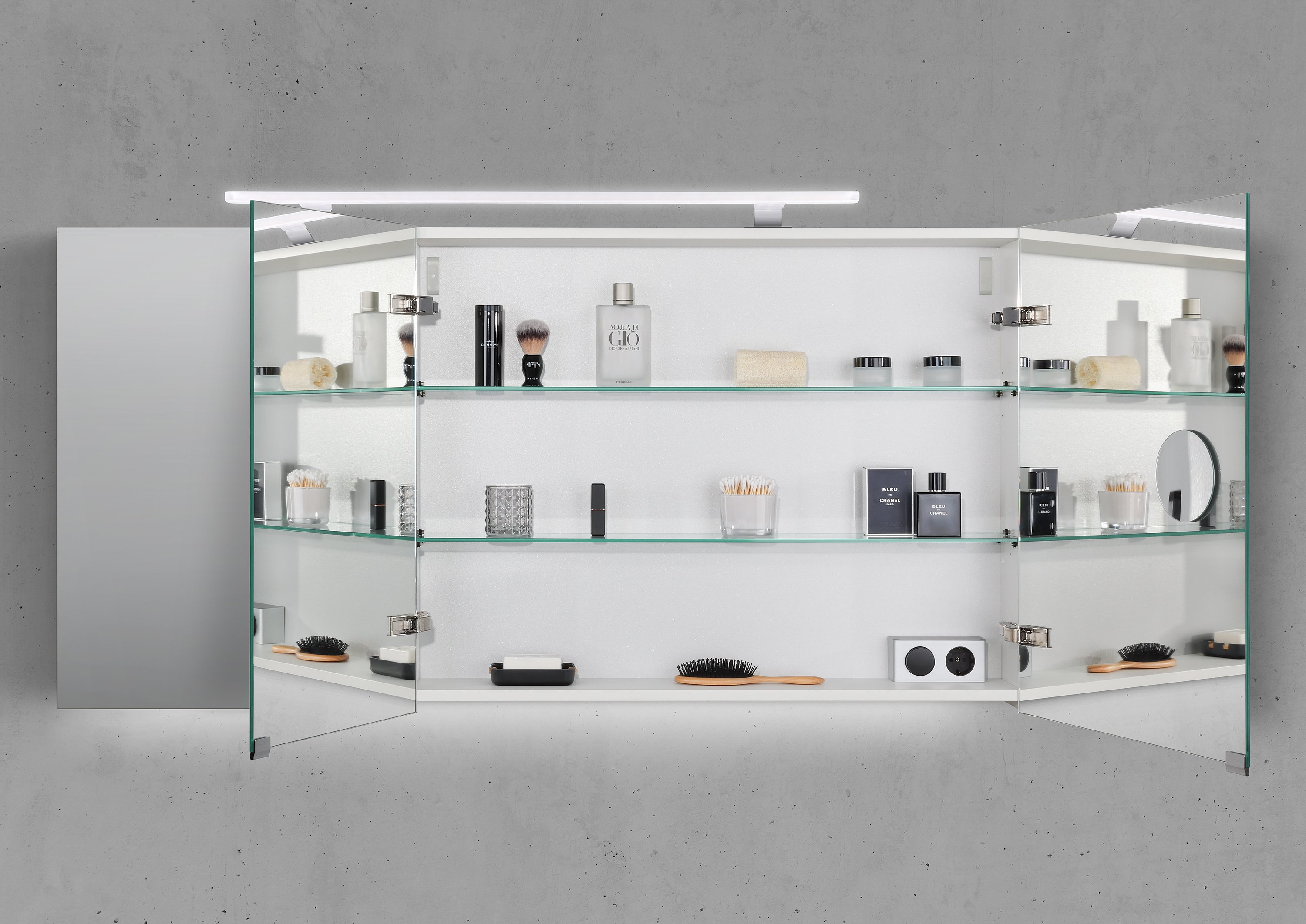 Spiegelschrank 140 cm mit MULTI LED Acryl Aufsatzleuchte Doppelspiegeltüren
