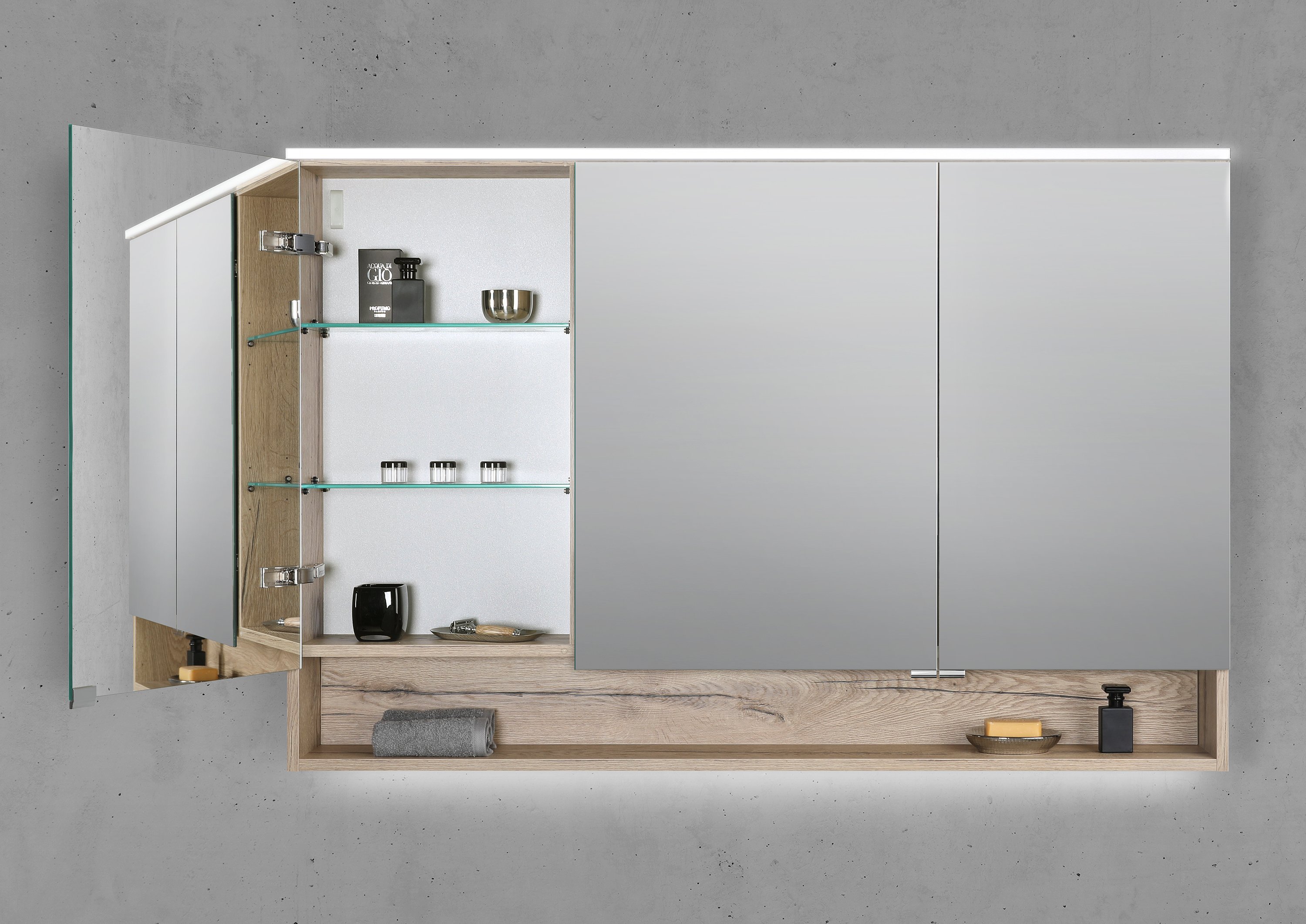 Spiegelschrank 130 cm mit offenem Fach MULTI Light LED Beleuchtung Doppelspiegeltüren