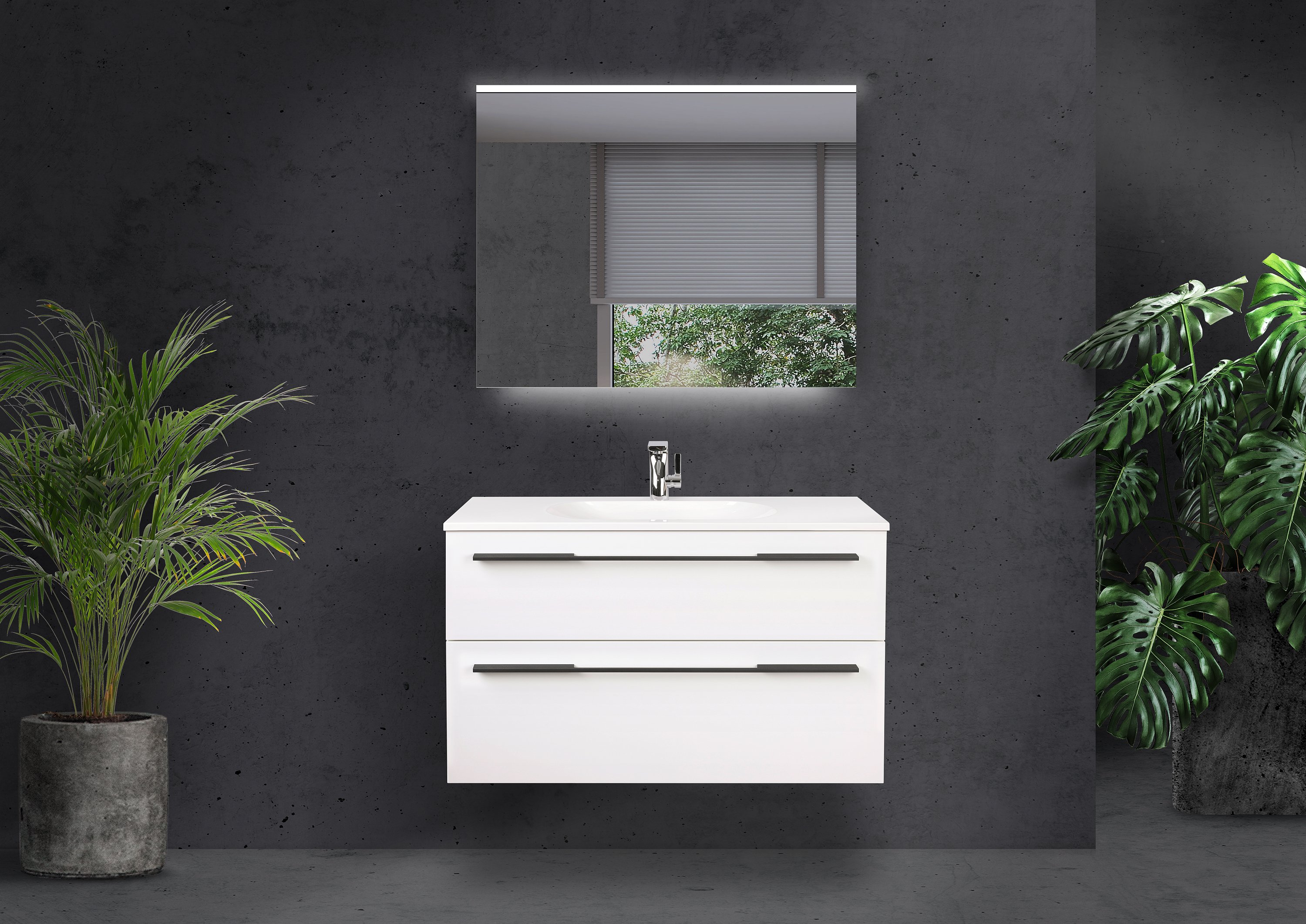 Badmöbel Set Modica 90 cm mit Evermite Waschtisch, Lichtspiegel LED, Made in Germany