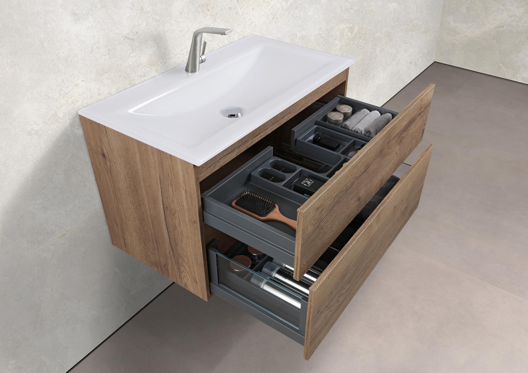 Saphir - Badmöbelset 90 cm mit Glaswaschbecken und grifflosem Unterschrank