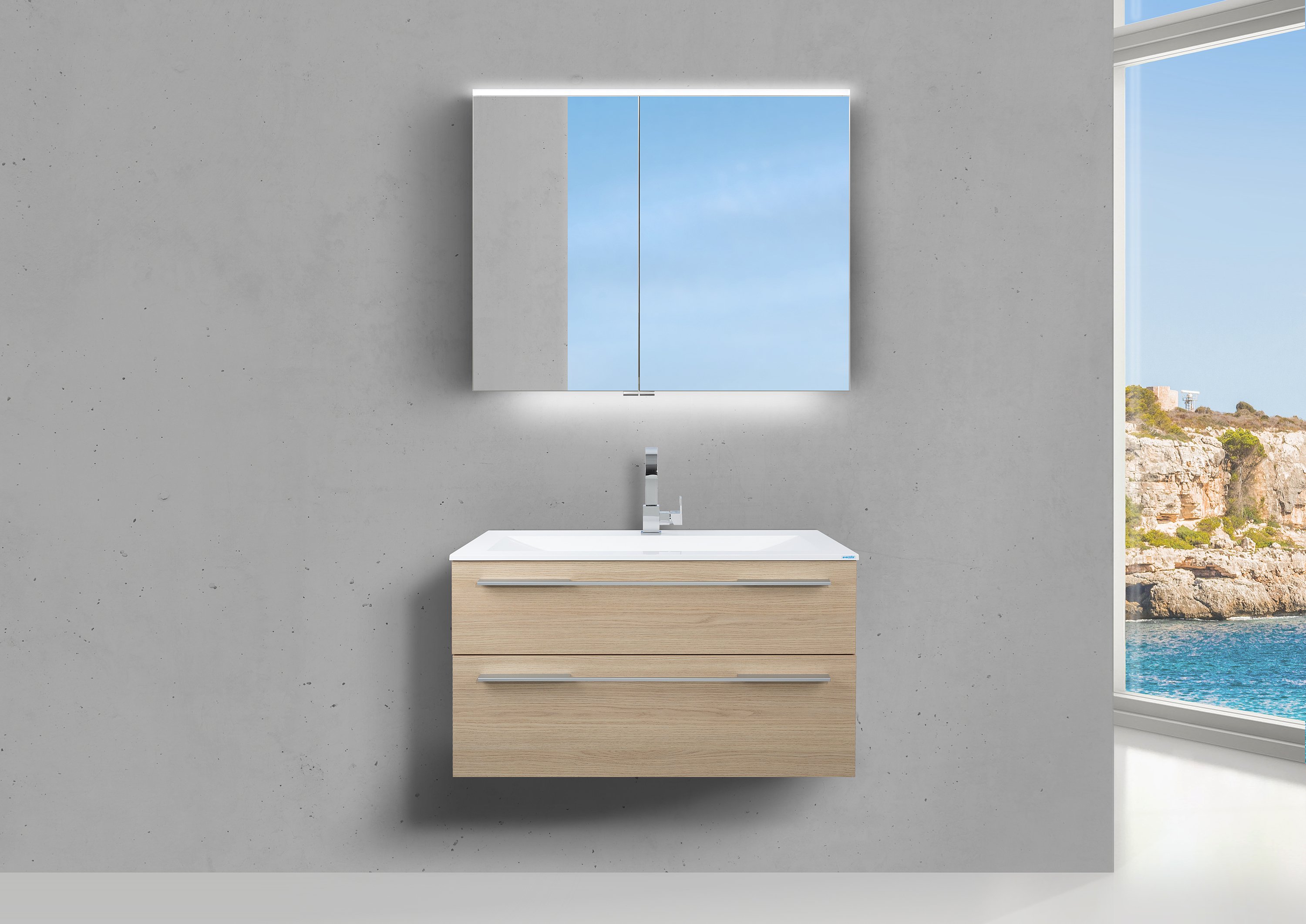 Design Badmöbel Valenta 90 cm Evermite Waschbecken Spiegelschrank Multilight