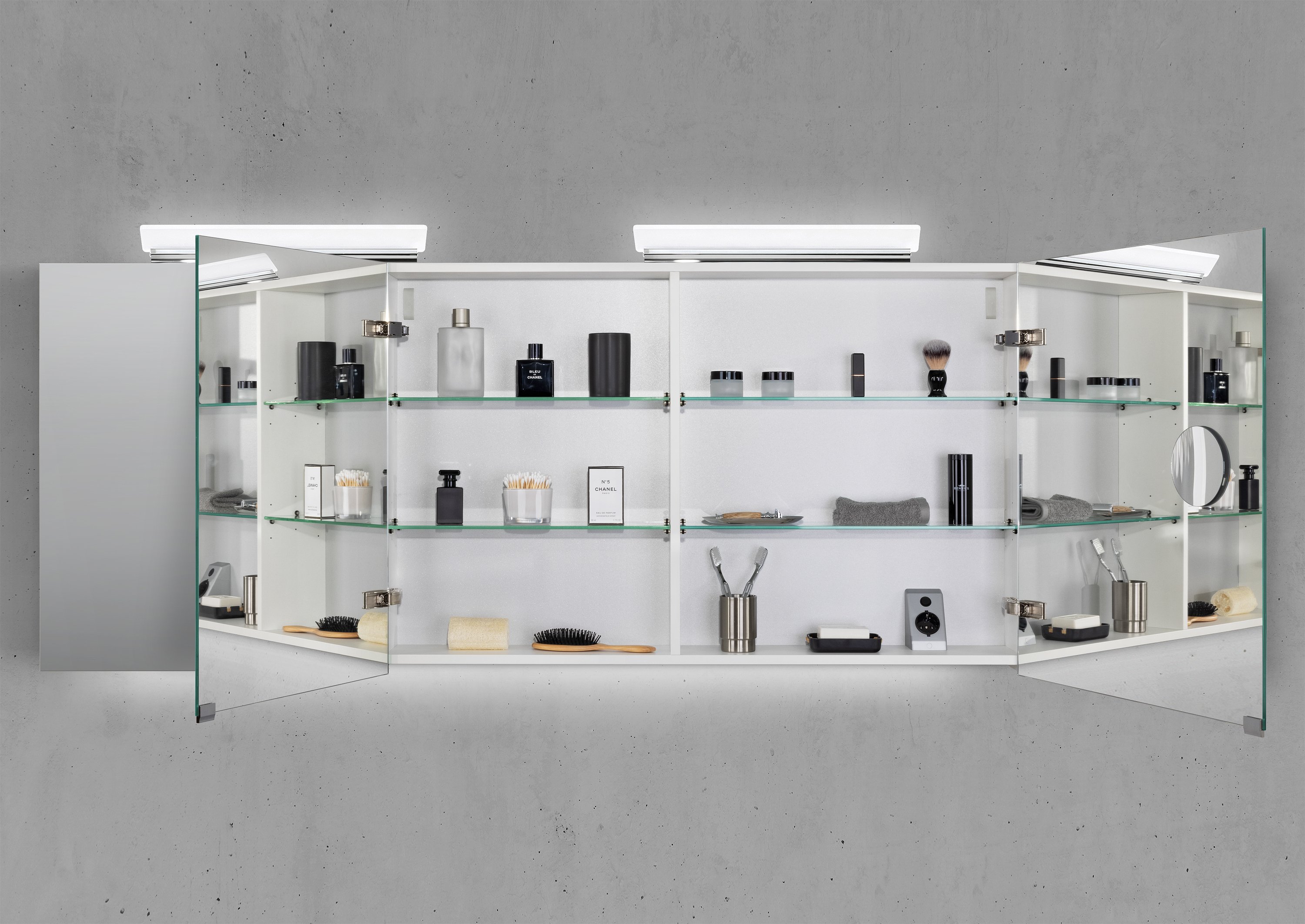 Spiegelschrank 170 cm 2x LED Acryl Aufsatzleuchte doppelseitig verspiegelt