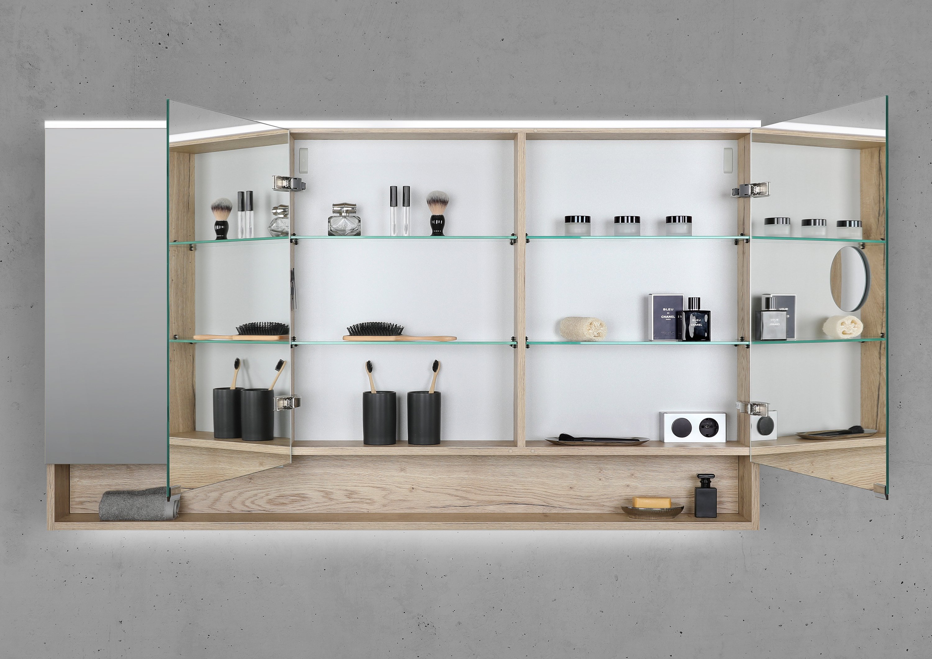 Spiegelschrank 150 cm mit offenem Fach MULTI Light LED Beleuchtung Doppelspiegeltüren