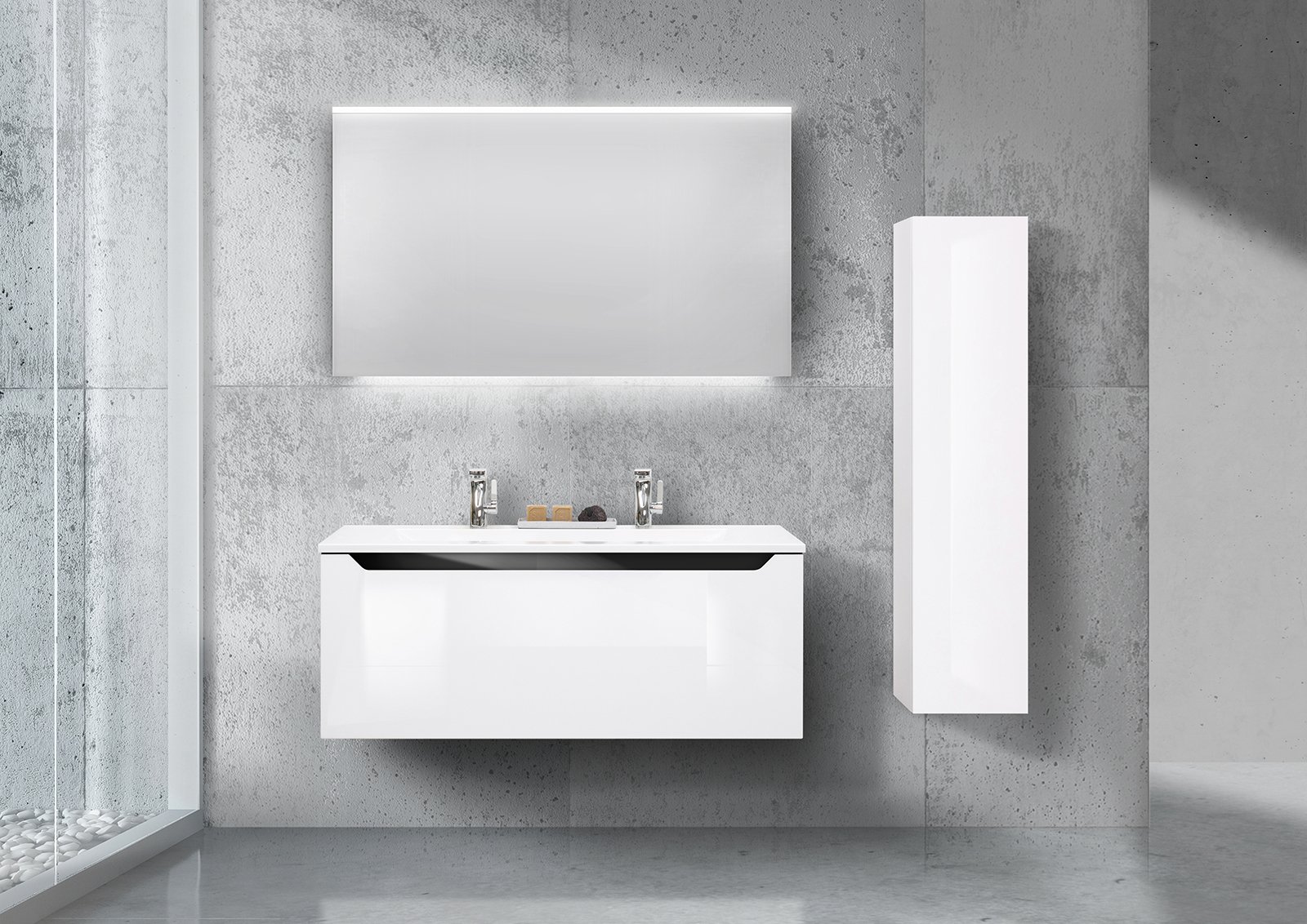 Badmöbel Set 120 cm Doppelwaschtisch, mit Seitenschrank und Led Lichtspiegel