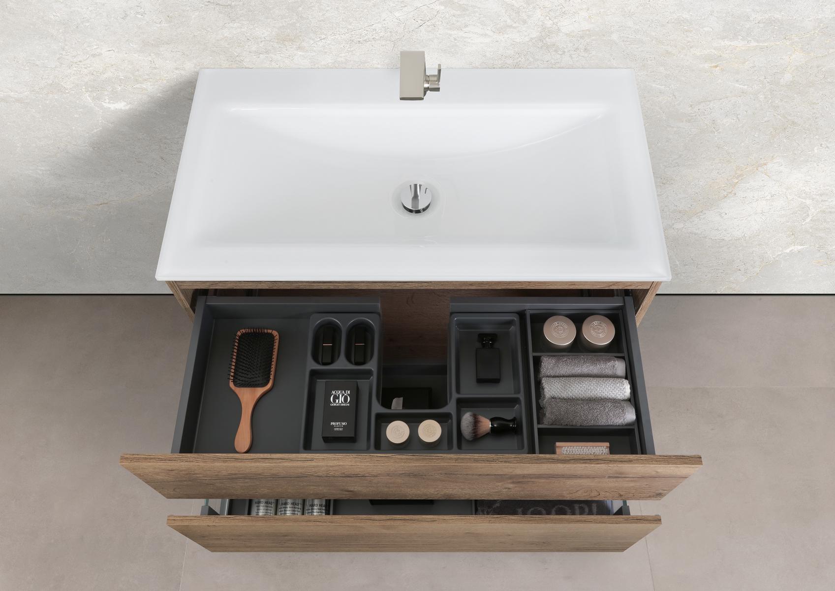 Saphir - Badmöbelset 90 cm mit Glaswaschbecken und grifflosem Unterschrank