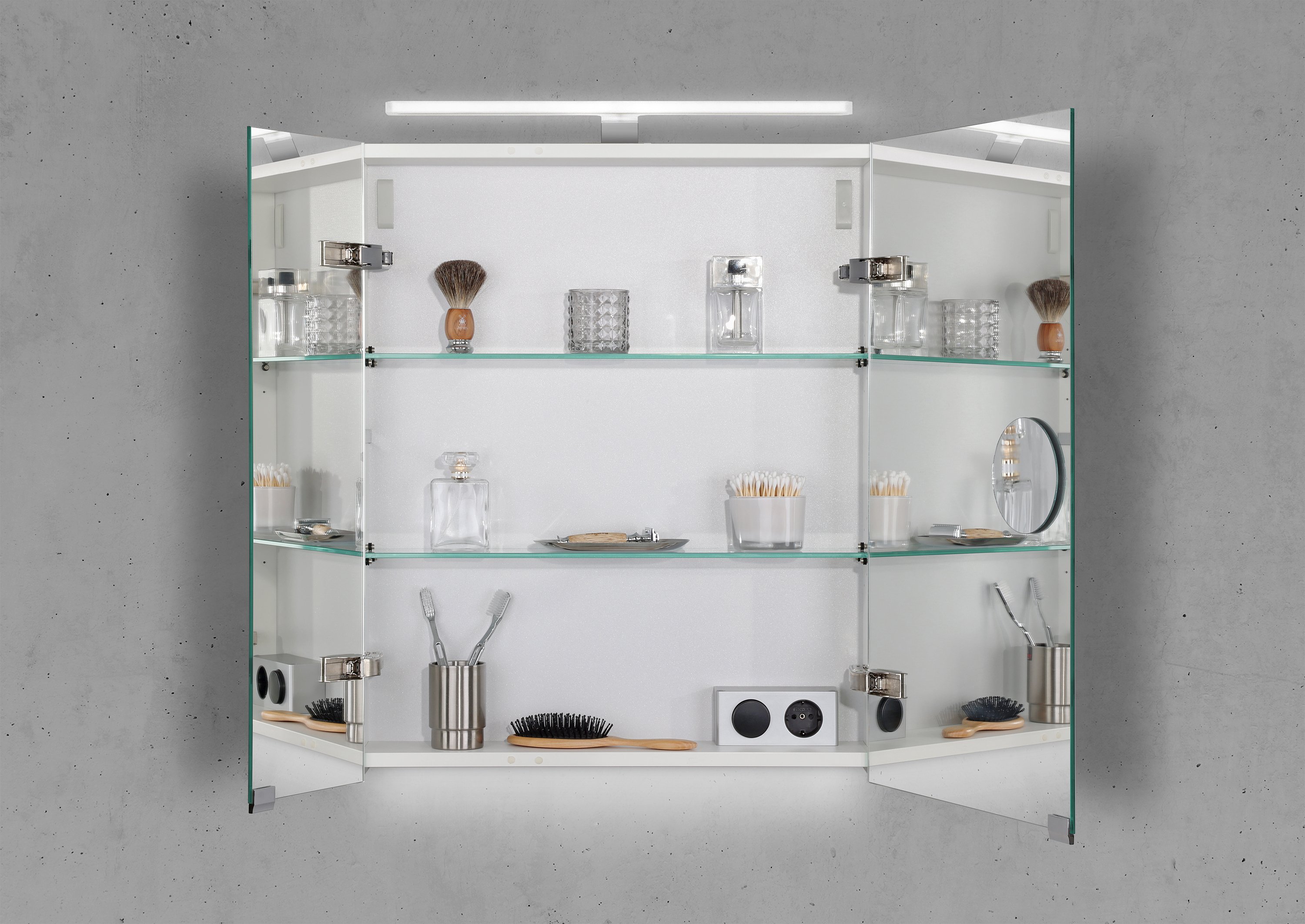 Spiegelschrank 60 cm mit MULTI LED Acryl Aufsatzleuchte Doppelspiegeltüren