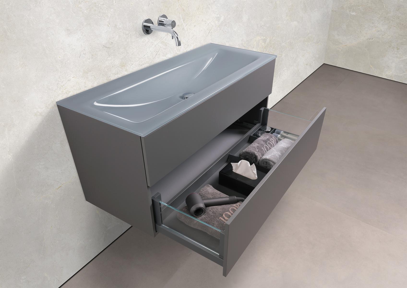 Saphir - Badmöbelset 120 cm mit Glaswaschbecken (Einzel) und grifflosem Unterschrank 