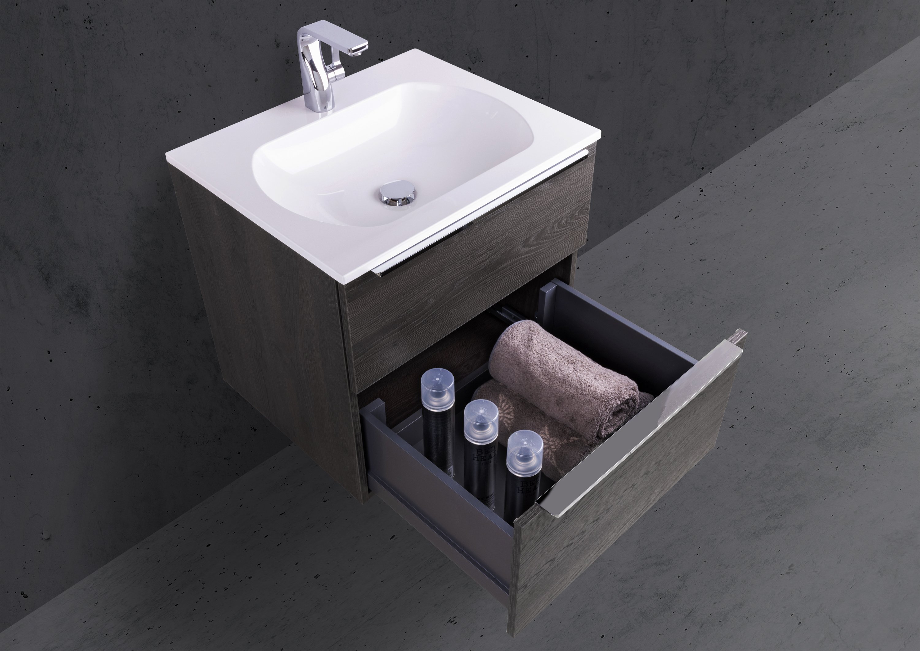 Badmöbel Set 60 cm mit Evermite Waschtisch, Dekor frei wählbar, Made in Germany