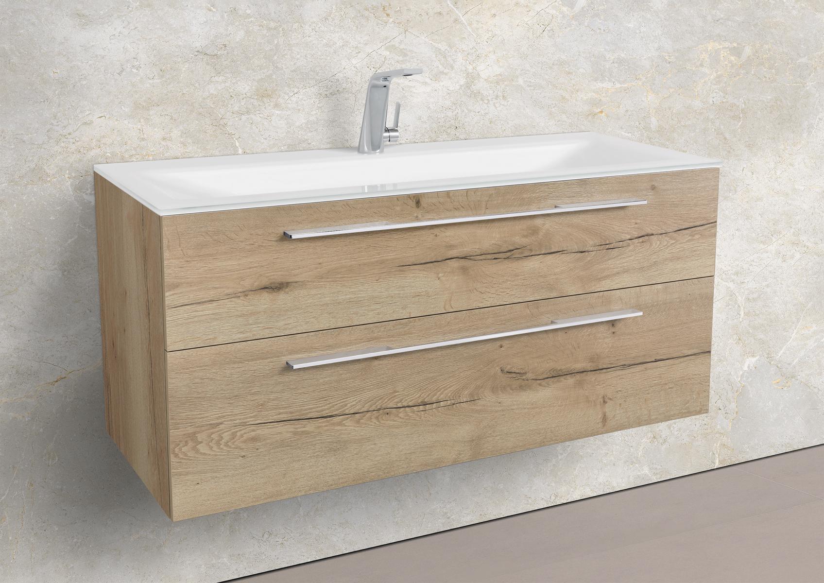 Saphir - Badmöbelset 120 cm mit Glaswaschbecken (Einzel) und Unterschrank vorkonfiguriert