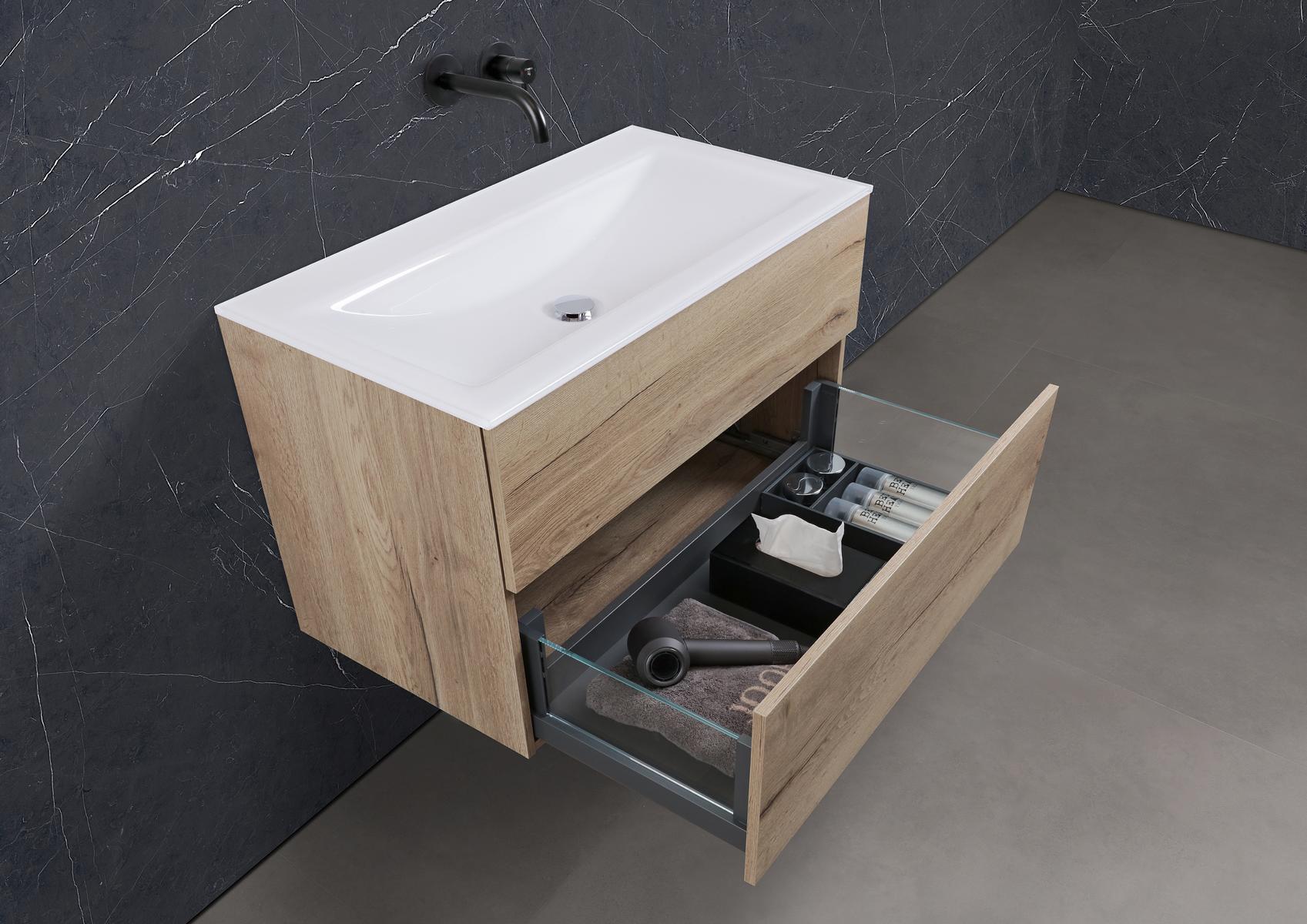 Saphir - Badmöbelset 90 cm mit Glaswaschtisch und grifflosem Unterschrank