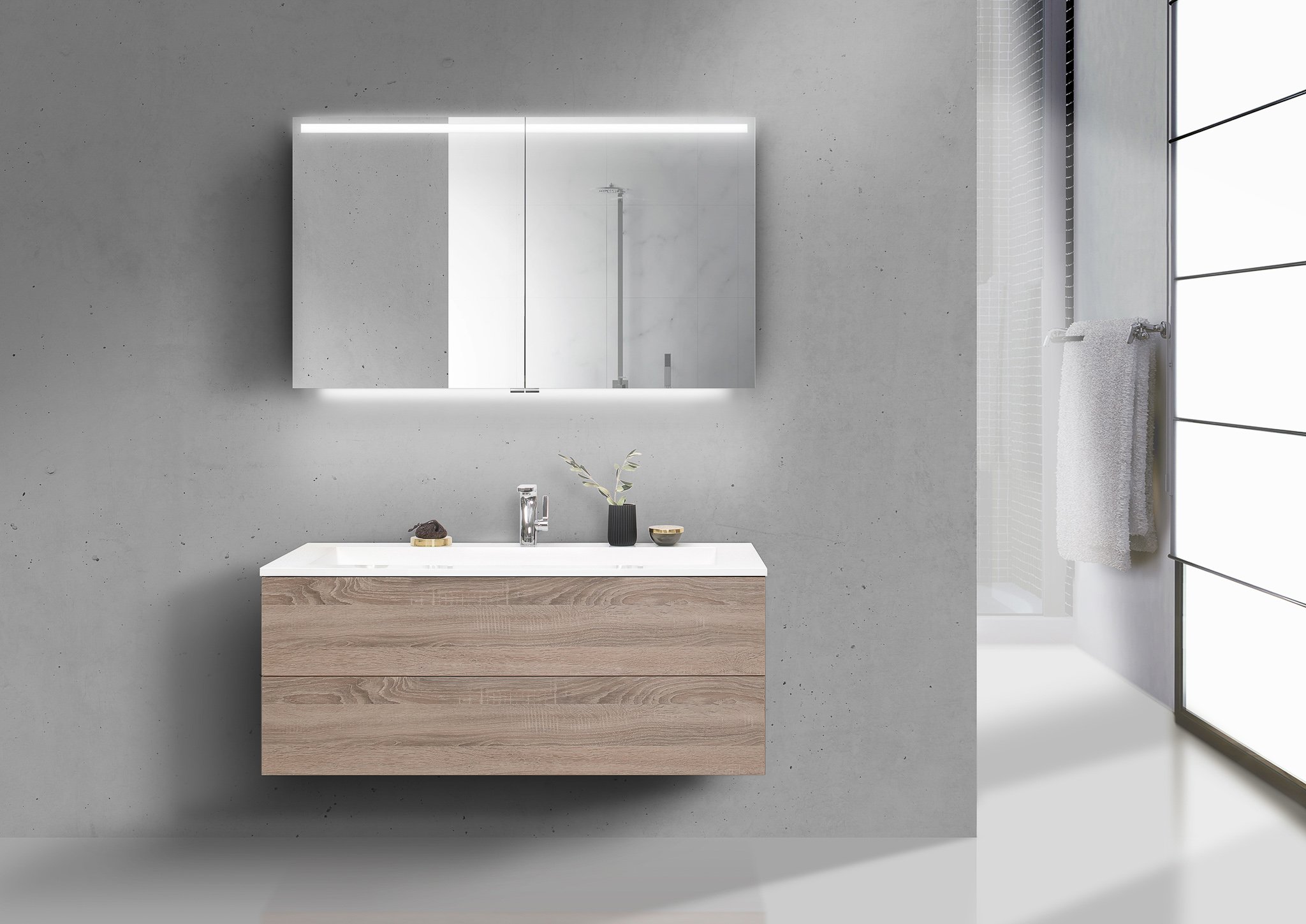 Badmöbel Set Cubo grifflos 120 cm Evermite Waschbecken, Led Spiegelschrank