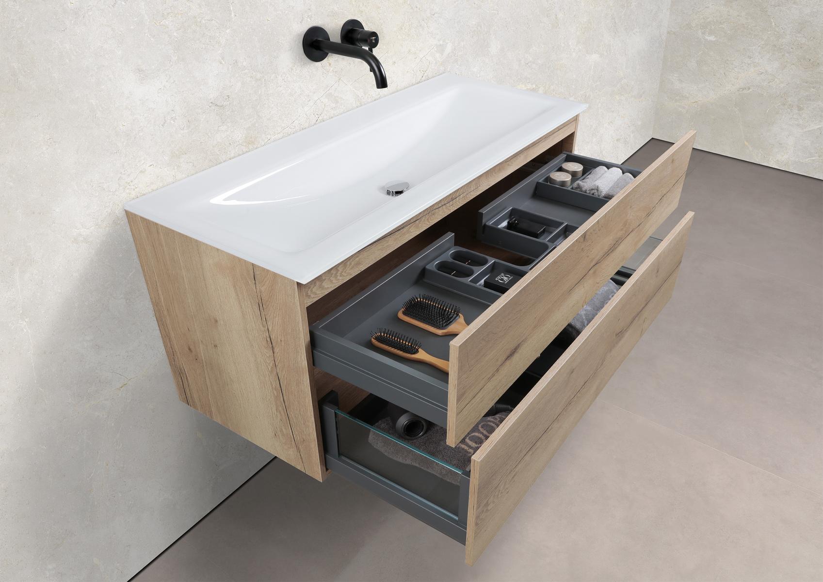Saphir - Badmöbelset 120 cm mit Glaswaschbecken (Einzel) und grifflosem Unterschrank