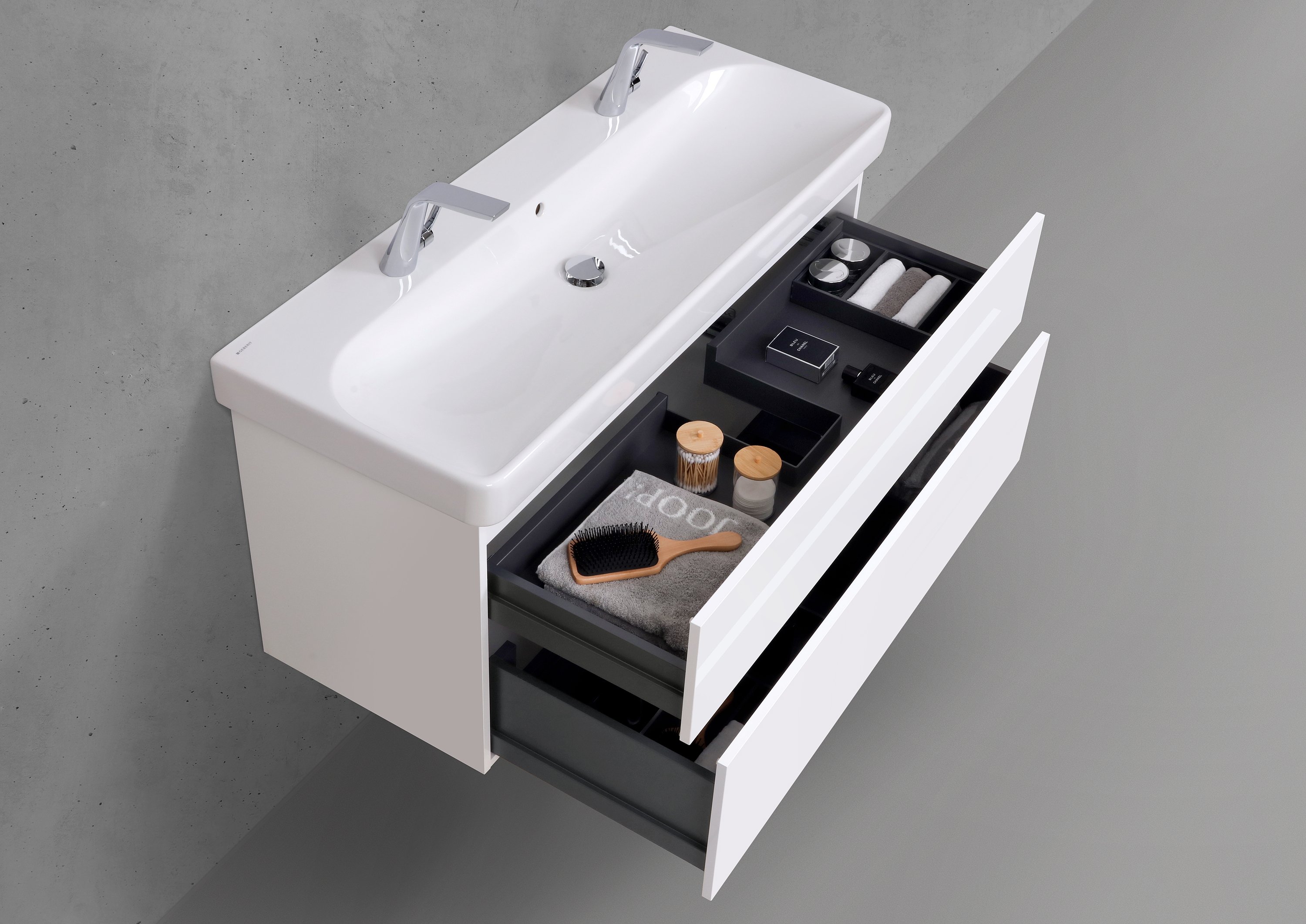 Badmöbelset Shape 120 cm inkl. Geberit Smyle Square Doppelwaschtisch mit Unterschrank Push to Open