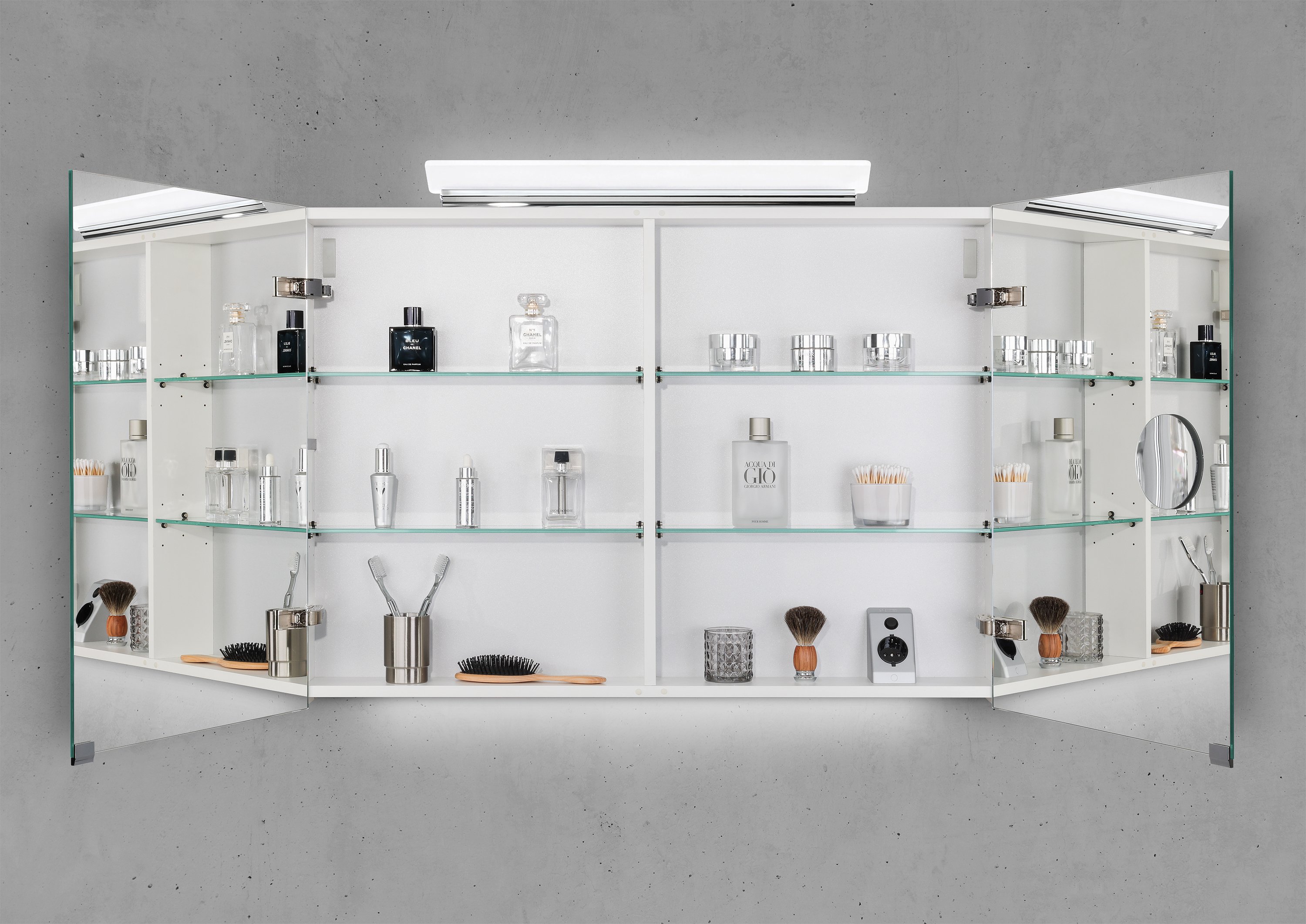 Spiegelschrank 100 cm LED Acryl Aufsatzleuchte doppelseitig verspiegelt