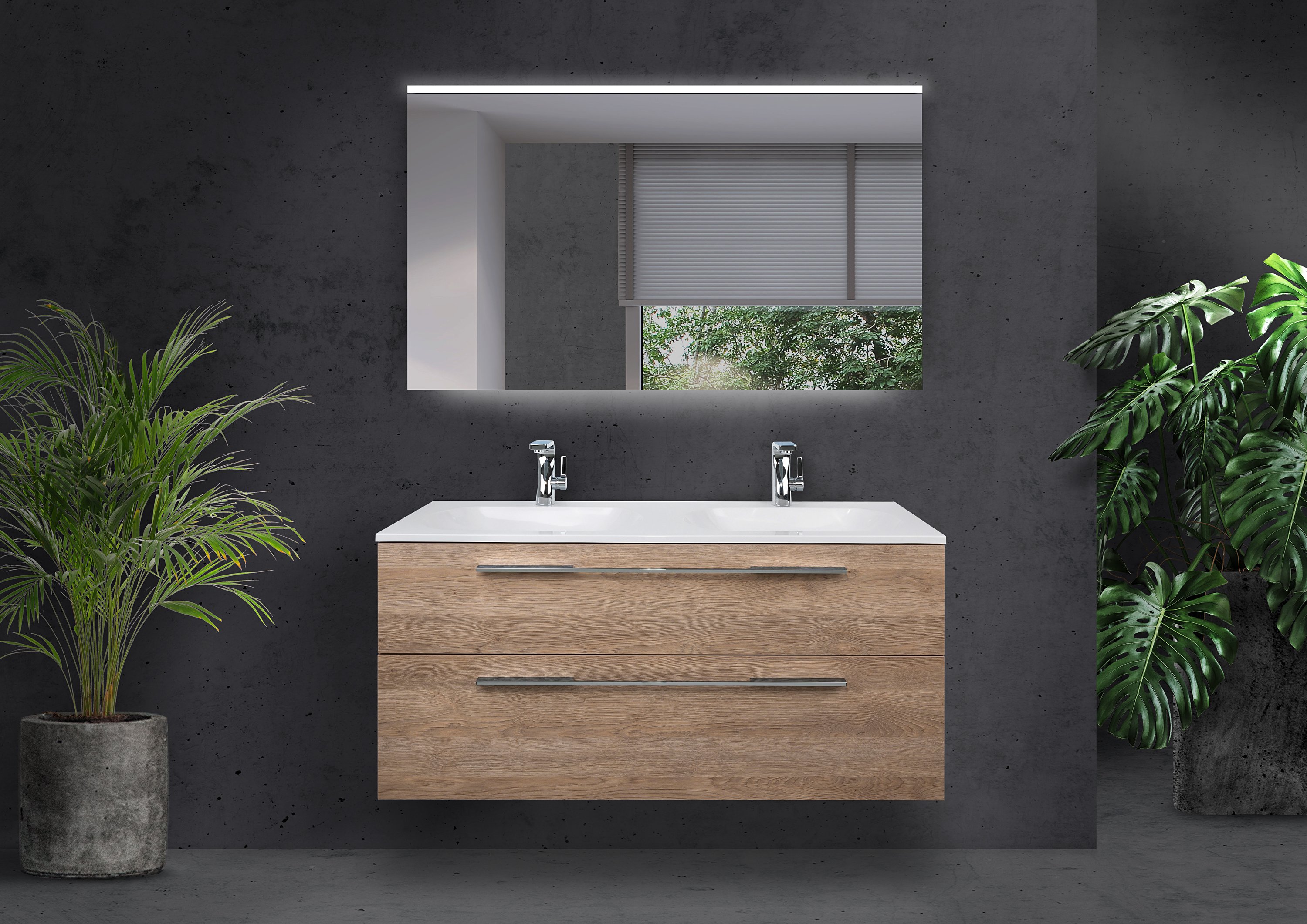 Badmöbel Modica Doppelwaschtisch 120 cm Evermite, mit LED Lichtspiegel, Dekor frei wählbar