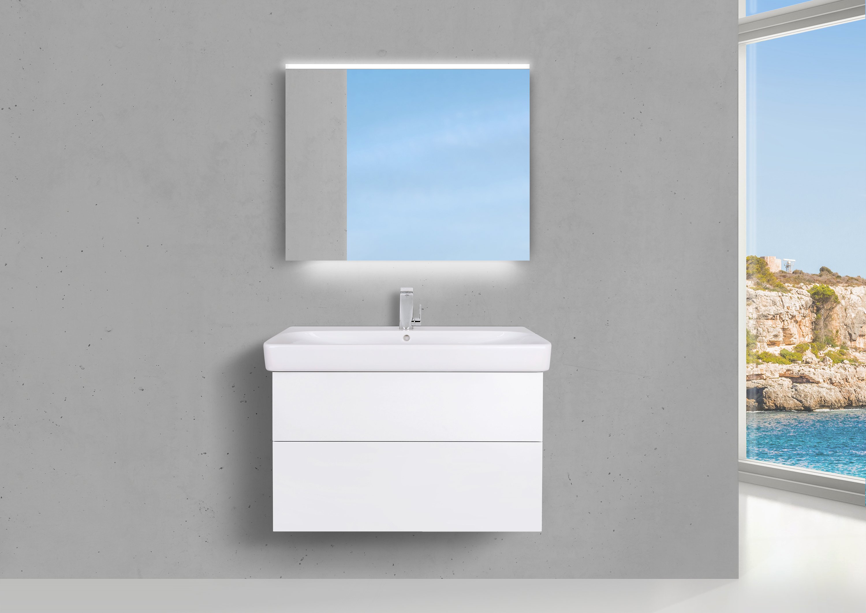Badmöbel Shape, Geberit Smyle Waschtisch 90 cm, Unterschrank grifflos und Lichtspiegel