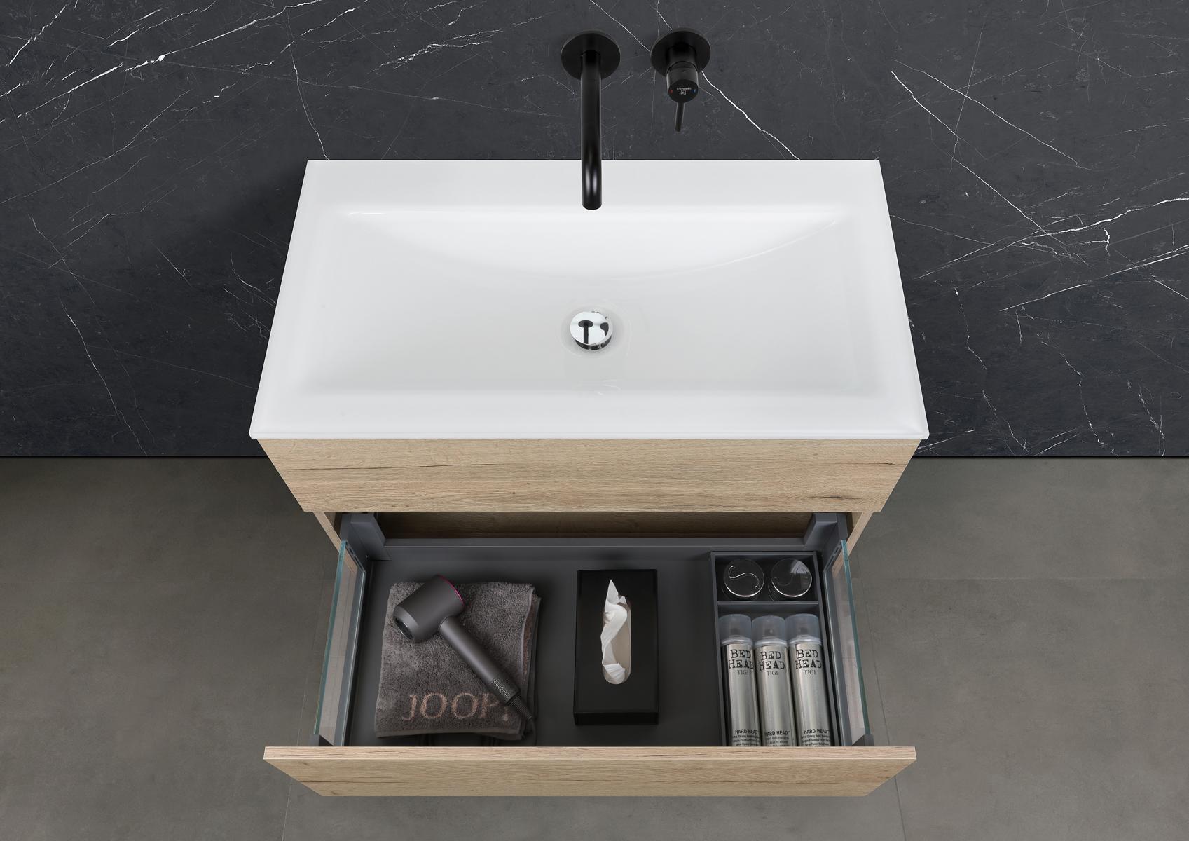 Saphir - Badmöbelset 90 cm mit Glaswaschbecken und grifflosem Unterschrank