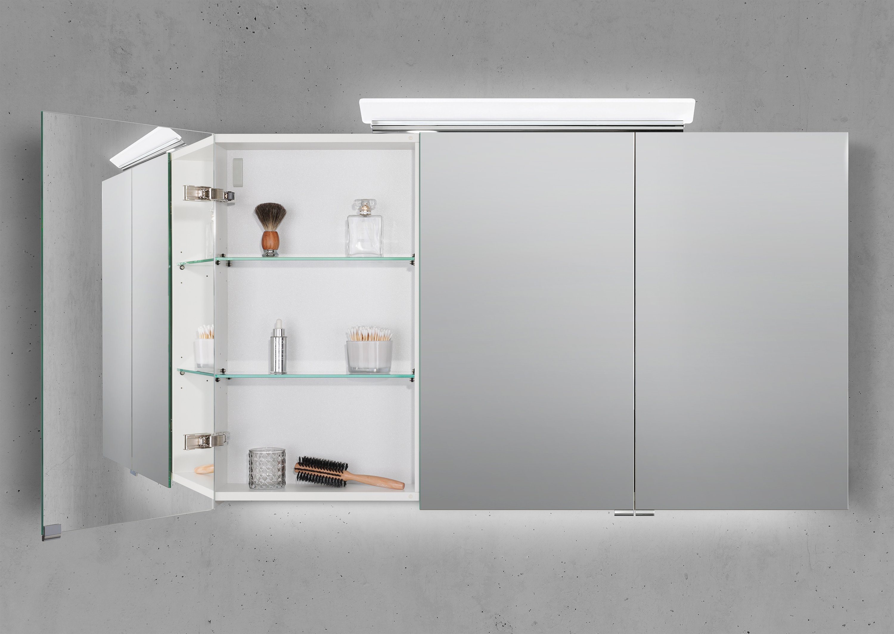 Spiegelschrank 120 cm LED Acryl Aufsatzleuchte doppelseitig verspiegelt