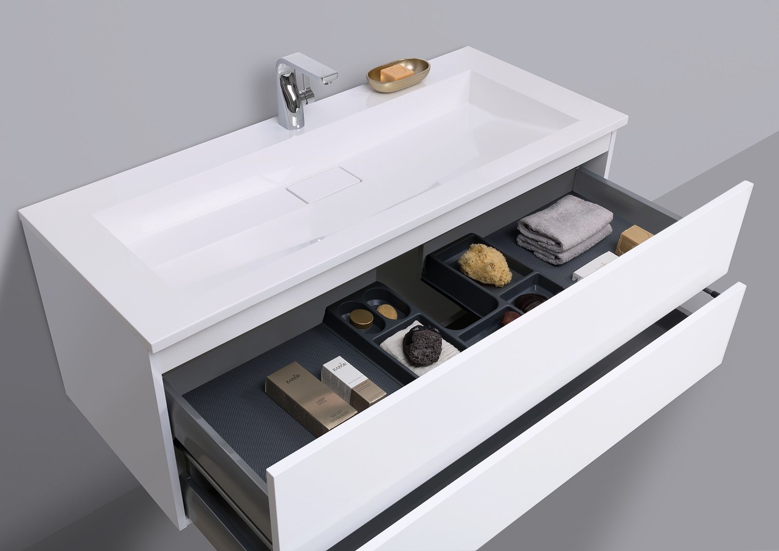 Design Waschtisch 120 cm Evermite, Badmöbel Grifflos mit Push to Open, Intarbad CUBO