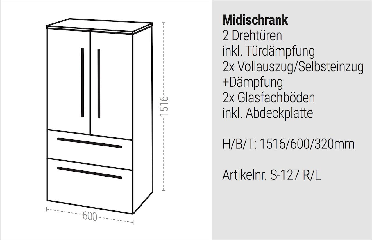 Bad Hochschrank Seitenschrank H/B/T 151,6/60/32,5cm, weiß hochglanz, vormontiert