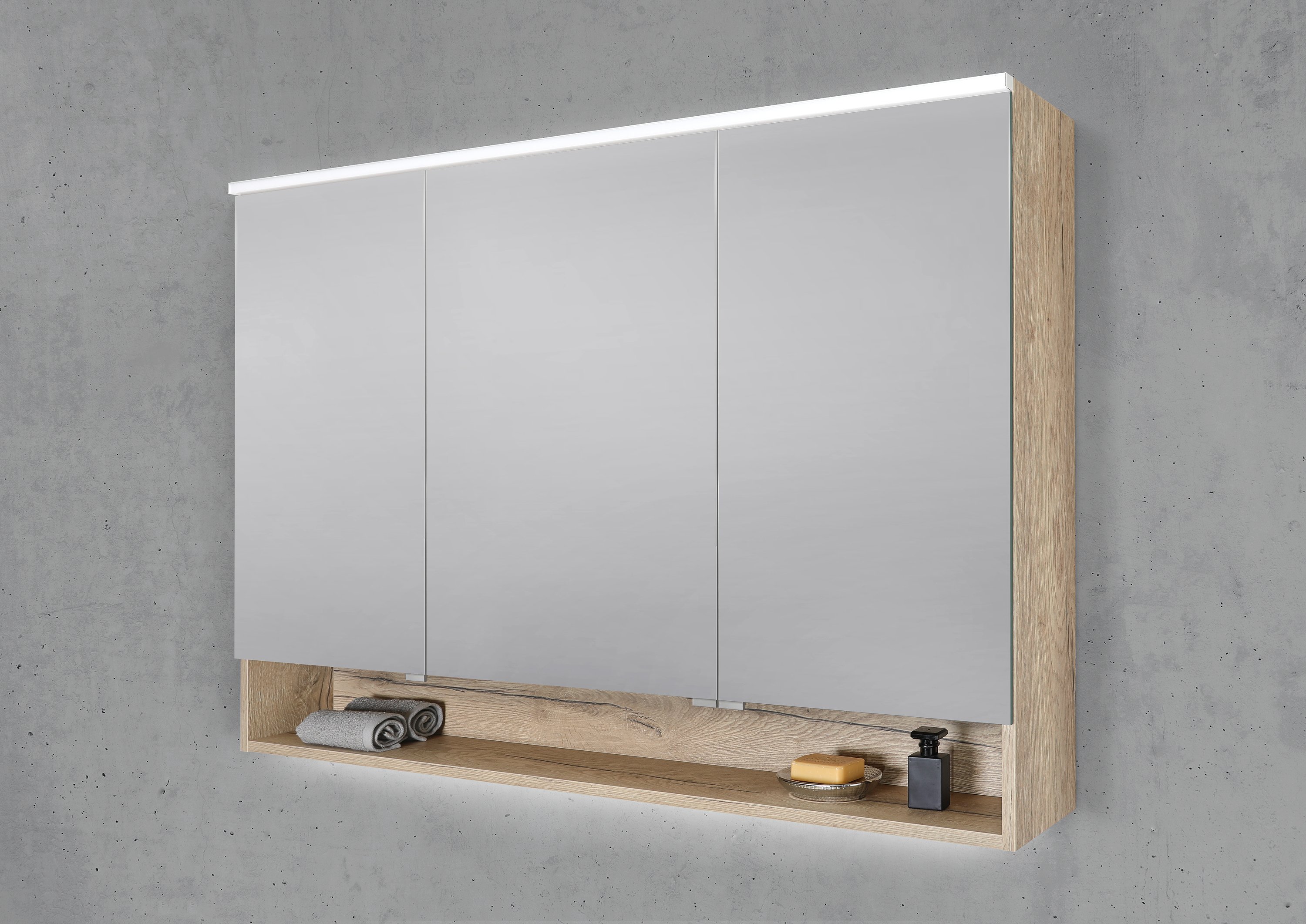 Spiegelschrank 130 cm mit offenem Fach MULTI Light LED Beleuchtung Doppelspiegeltüren