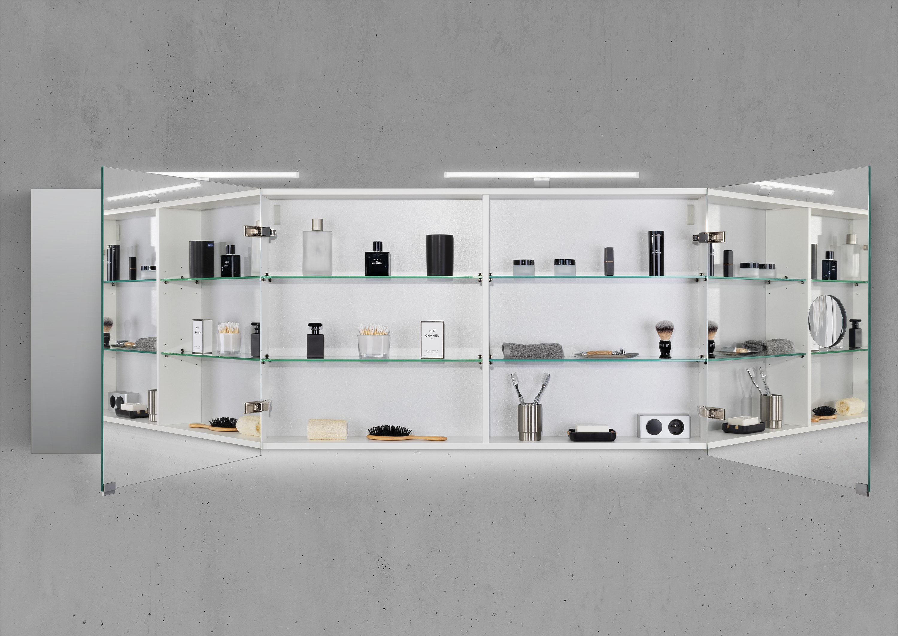 Spiegelschrank 180 cm 2x MULTI LED Acryl Aufsatzleuchte Doppelspiegeltüren