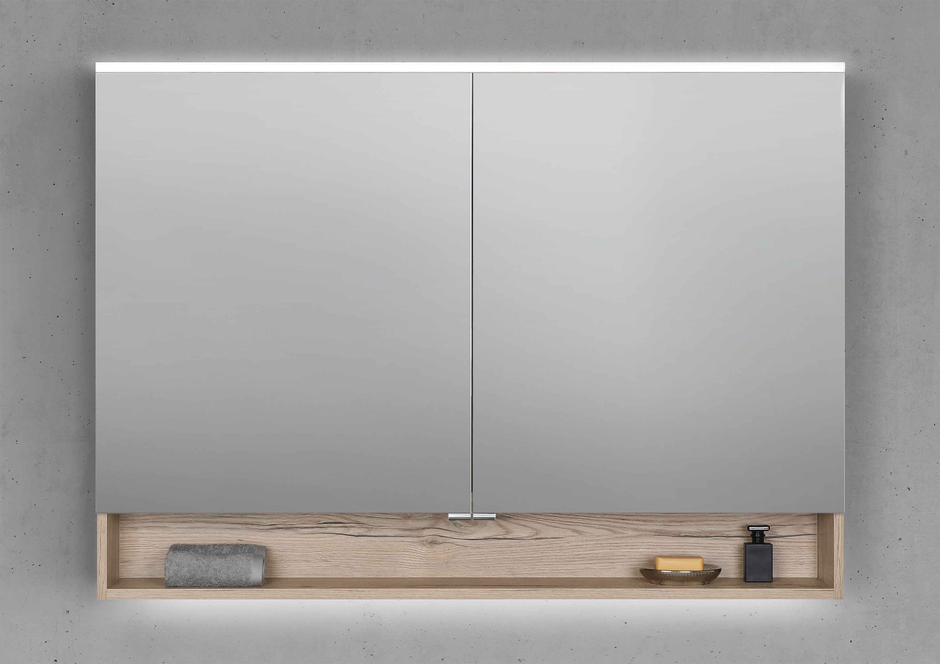 Spiegelschrank 120 cm mit offenem Fach MULTI Light LED Beleuchtung Doppelspiegeltüren