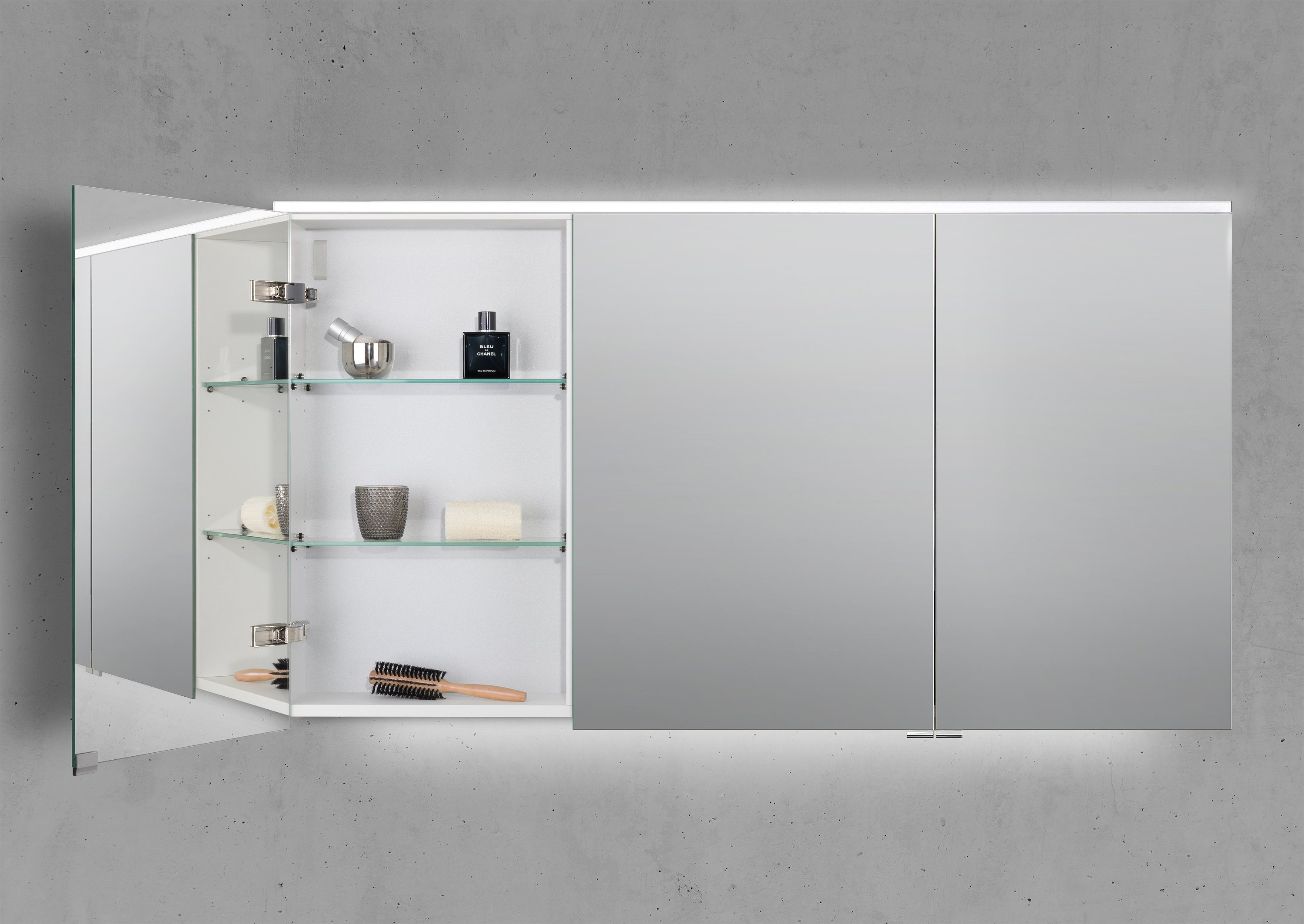 Spiegelschrank 130 cm integrierte MULTI Light LED Beleuchtung Doppelspiegeltüren