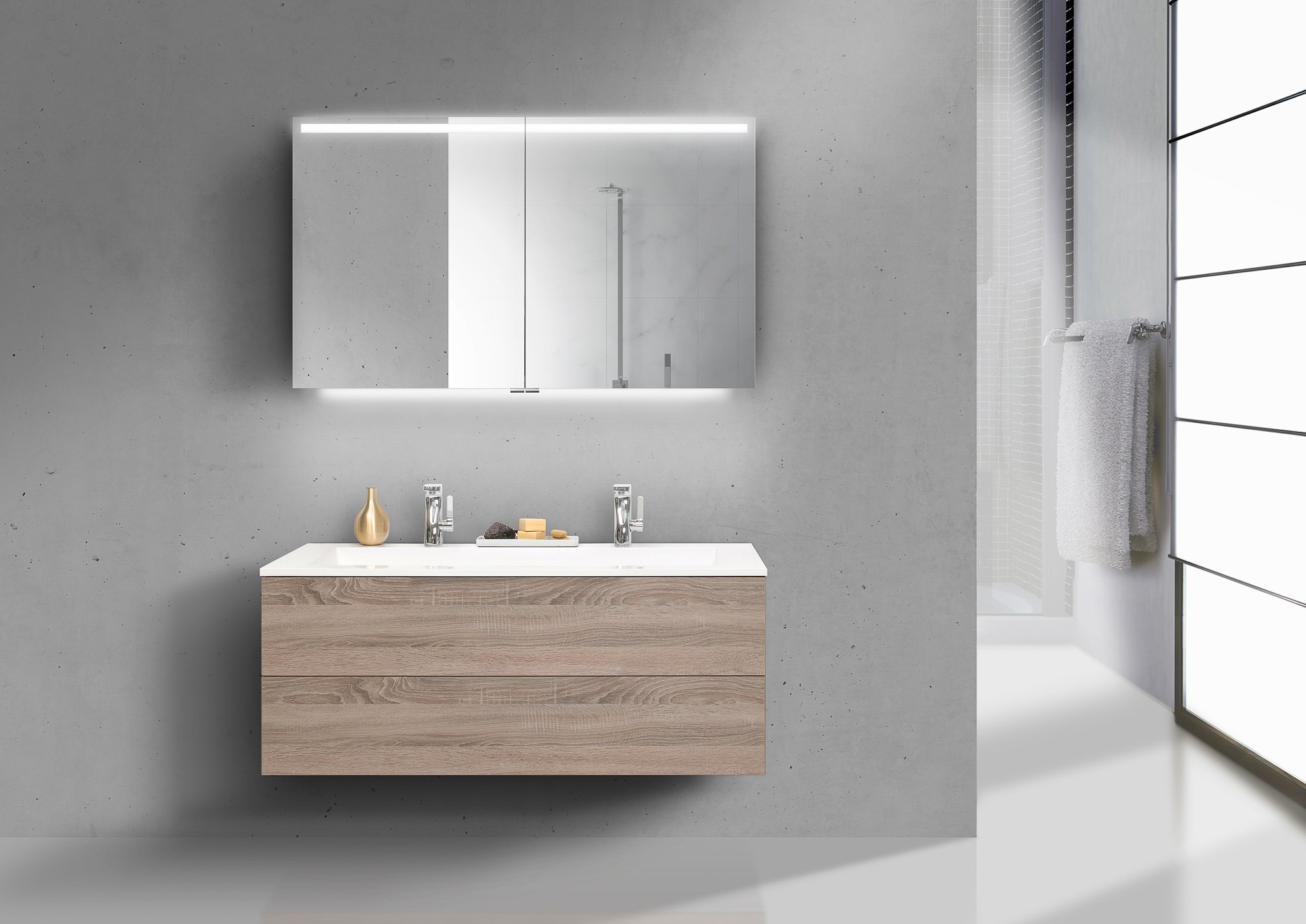 Intarbad Cubo 120 cm Doppelwaschbecken Badset grifflos mit Unterschrank und Led Spiegelschrank
