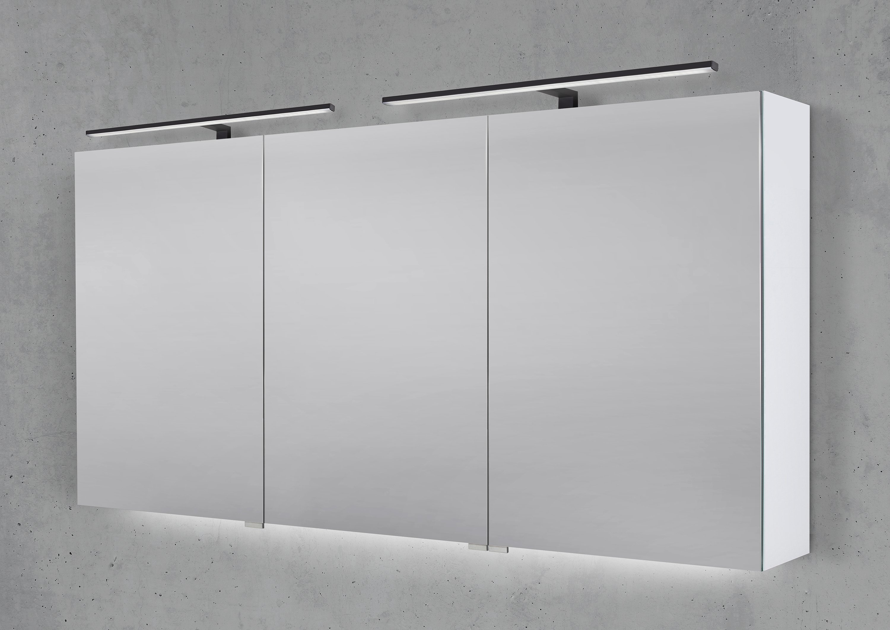 Spiegelschrank 150 cm mit 2x MULTI LED Aufsatzleuchte Doppelspiegeltüren