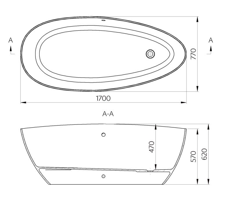 Freistehende Badewanne aus Mineralguss 170x77x62 cm in Weiß Glanz oder Matt