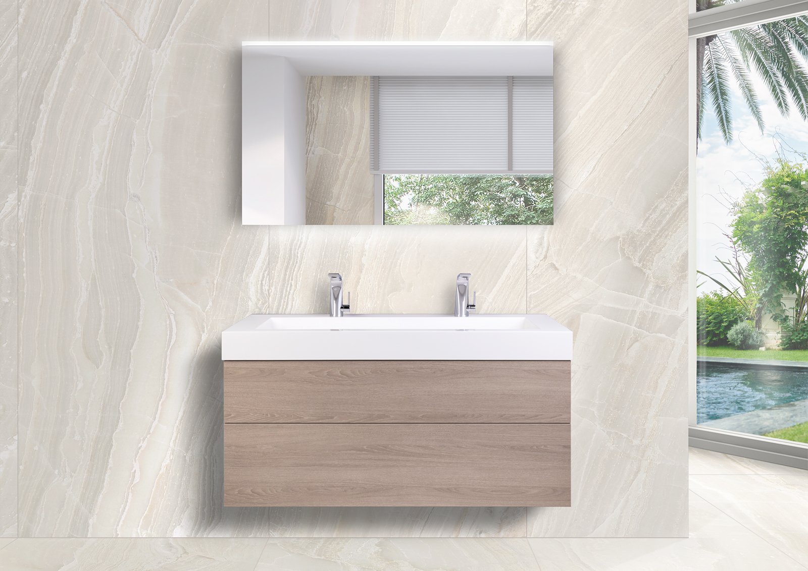 Doppelwaschtisch 120 cm Badmöbel Set grifflos, mit Led Lichtspiegel, Intarbad LIGNUM