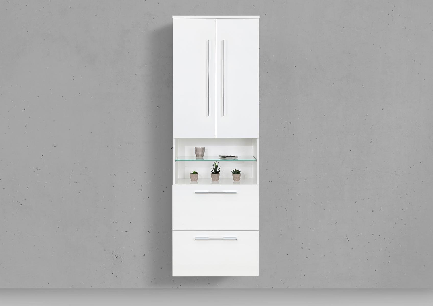 Seitenschrank/Hochschrank 1x Doppeltür, offenes Fach & 2x Auszüge mit Bügelgriff