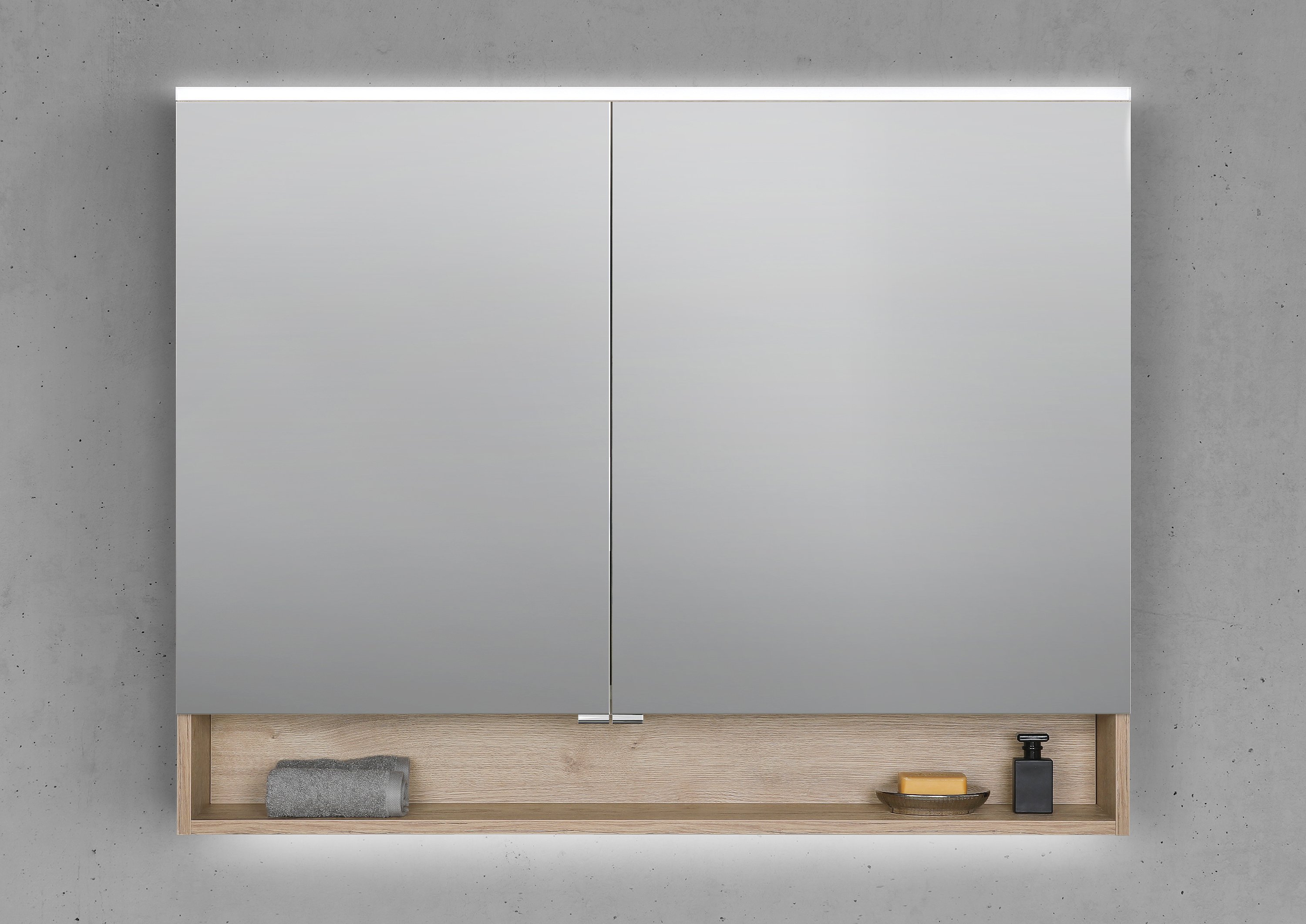 Spiegelschrank 110 cm mit offenem Fach MULTI Light LED Beleuchtung Doppelspiegeltüren