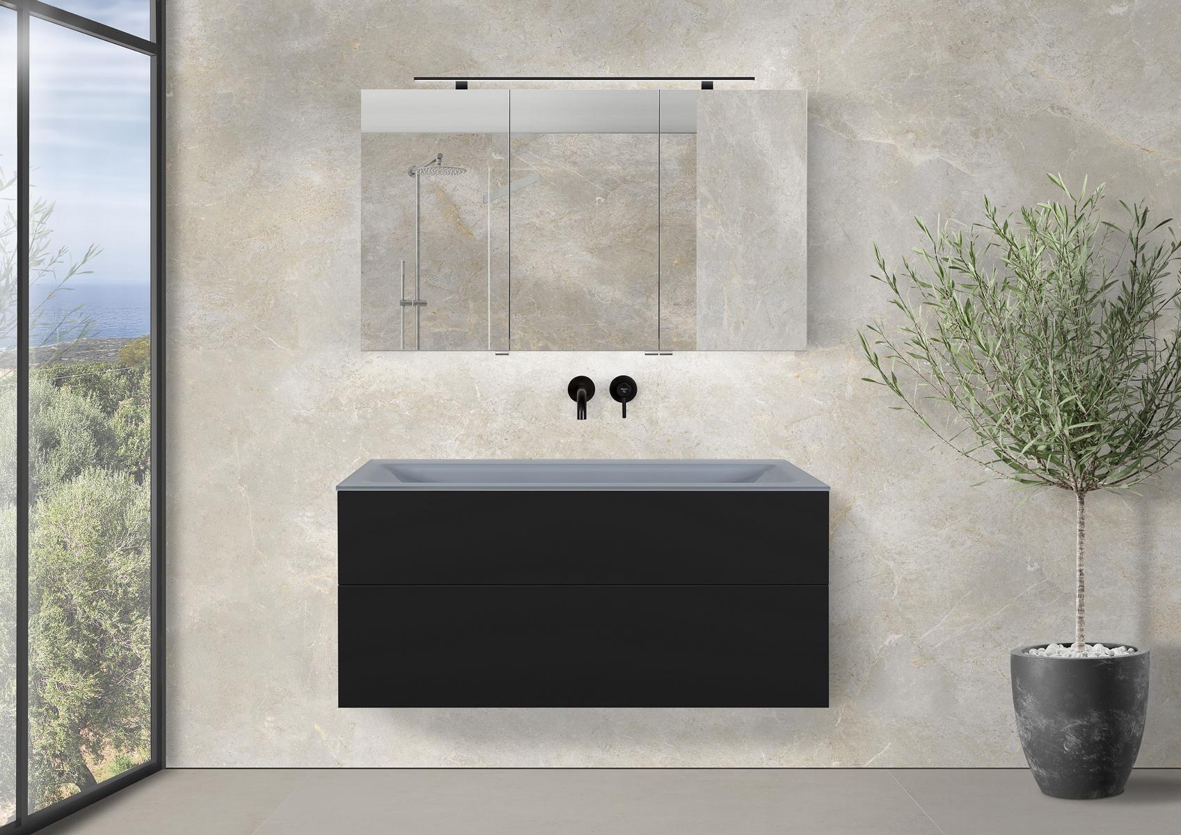 Saphir - Badmöbelset 120 cm mit Glaswaschtisch (Einzel), griffloser Unterschrank und Spiegelschrank