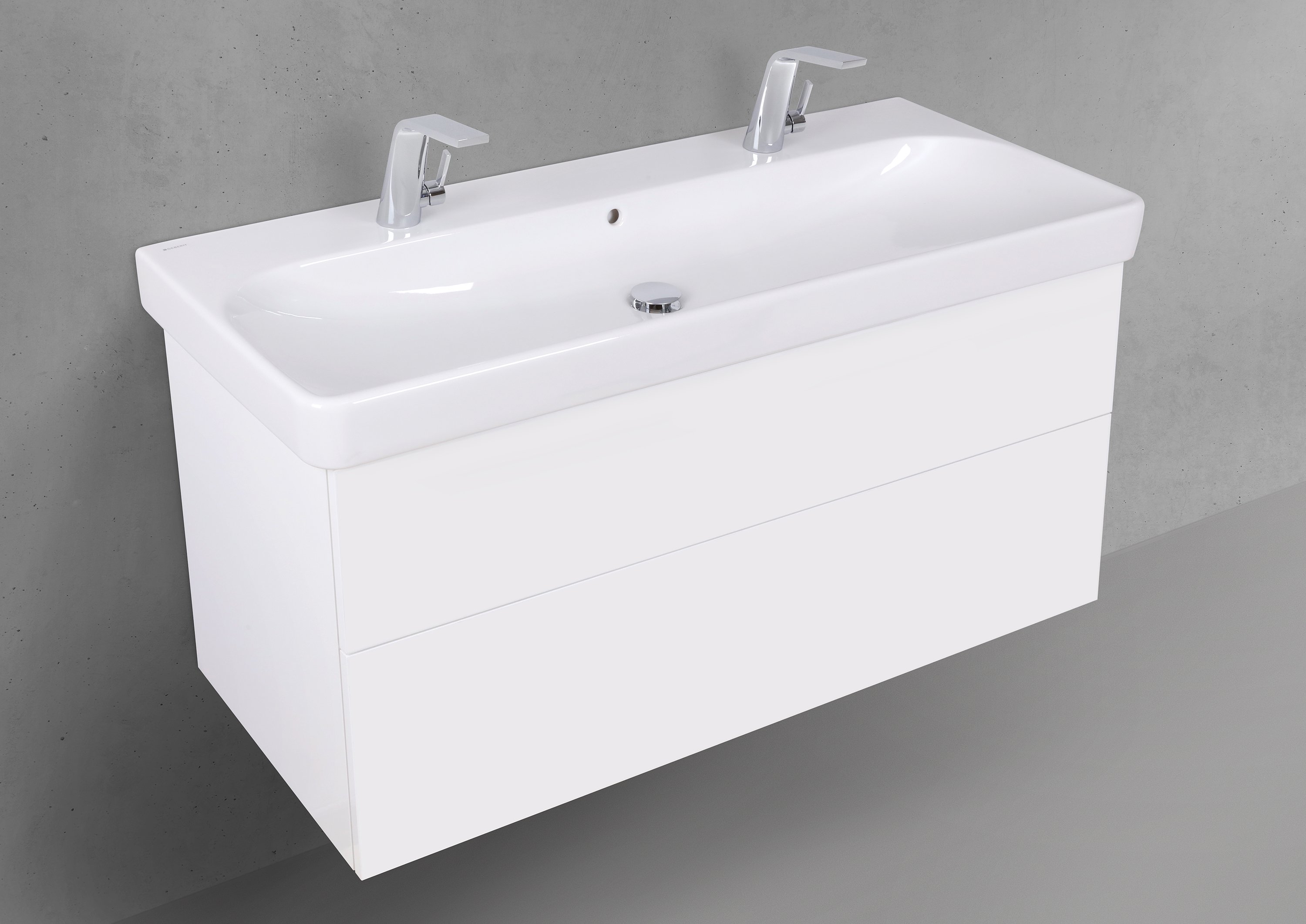 Badmöbelset Shape 120 cm inkl. Geberit Smyle Square Doppelwaschtisch mit Unterschrank Push to Open