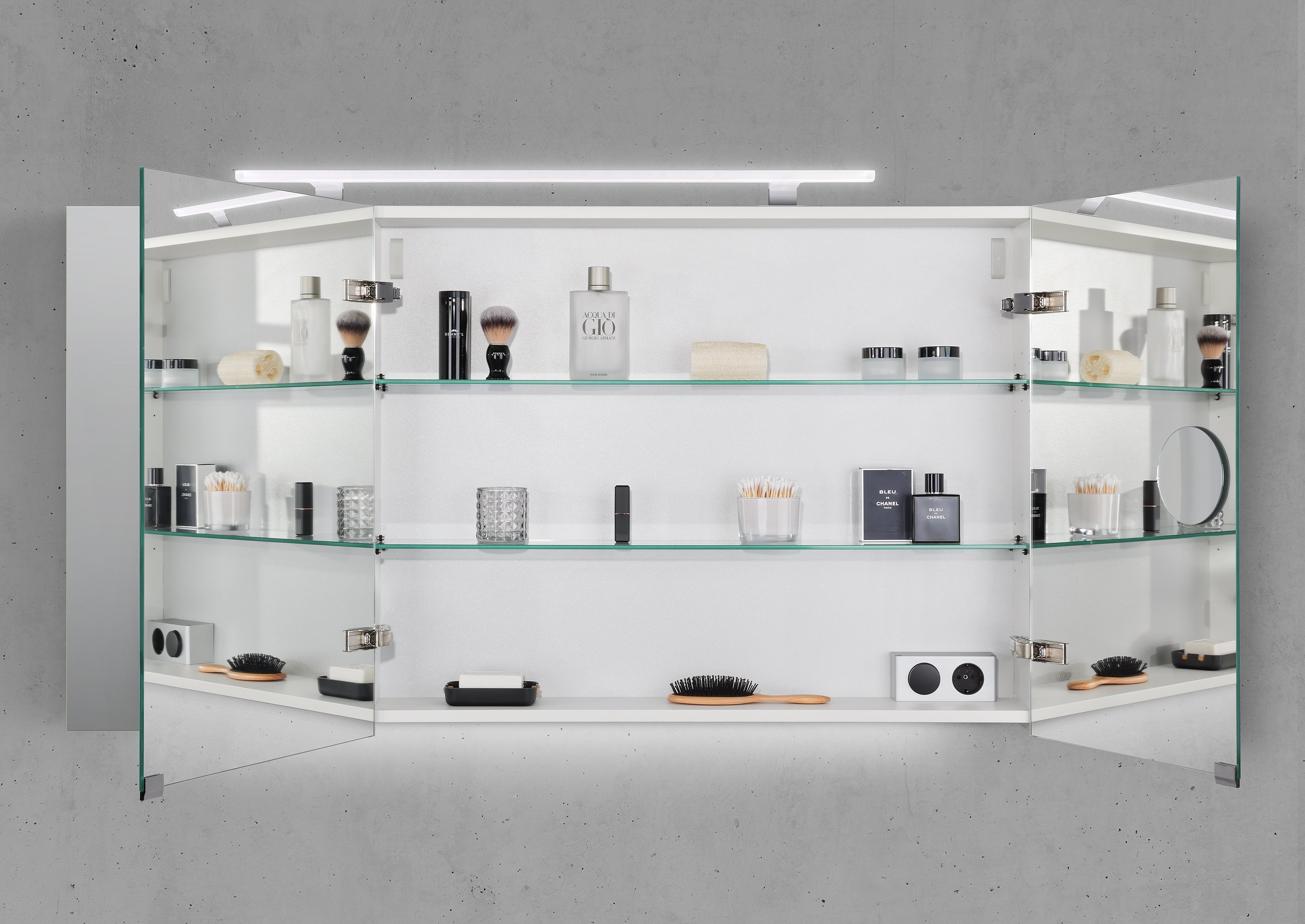 Spiegelschrank 130 cm mit MULTI LED Acryl Aufsatzleuchte Doppelspiegeltüren